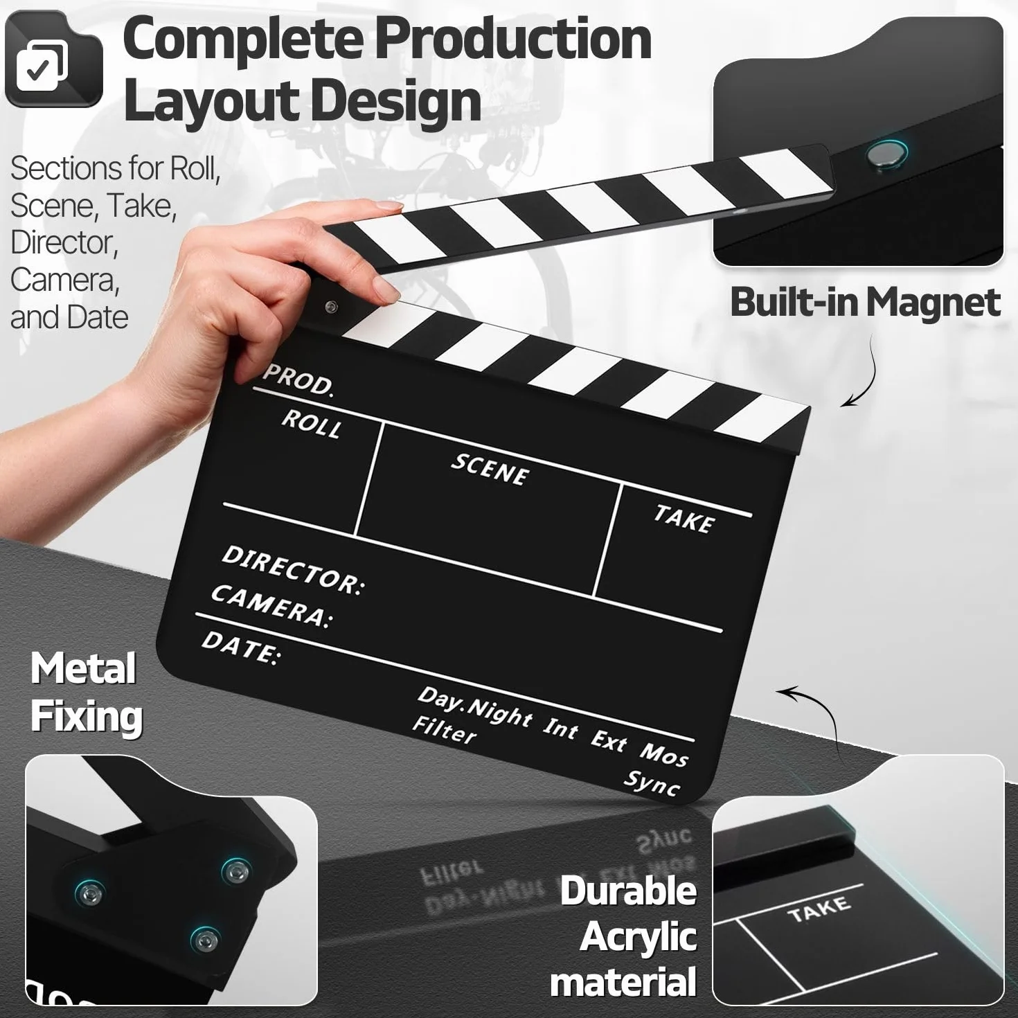 Flexzion Ardoise en plastique acrylique effaçable à sec pour appareil photo hollywoodien, studio, cinéma à domicile, vidéo 25,4 x 30,5 cm avec bâtons noir/blanc