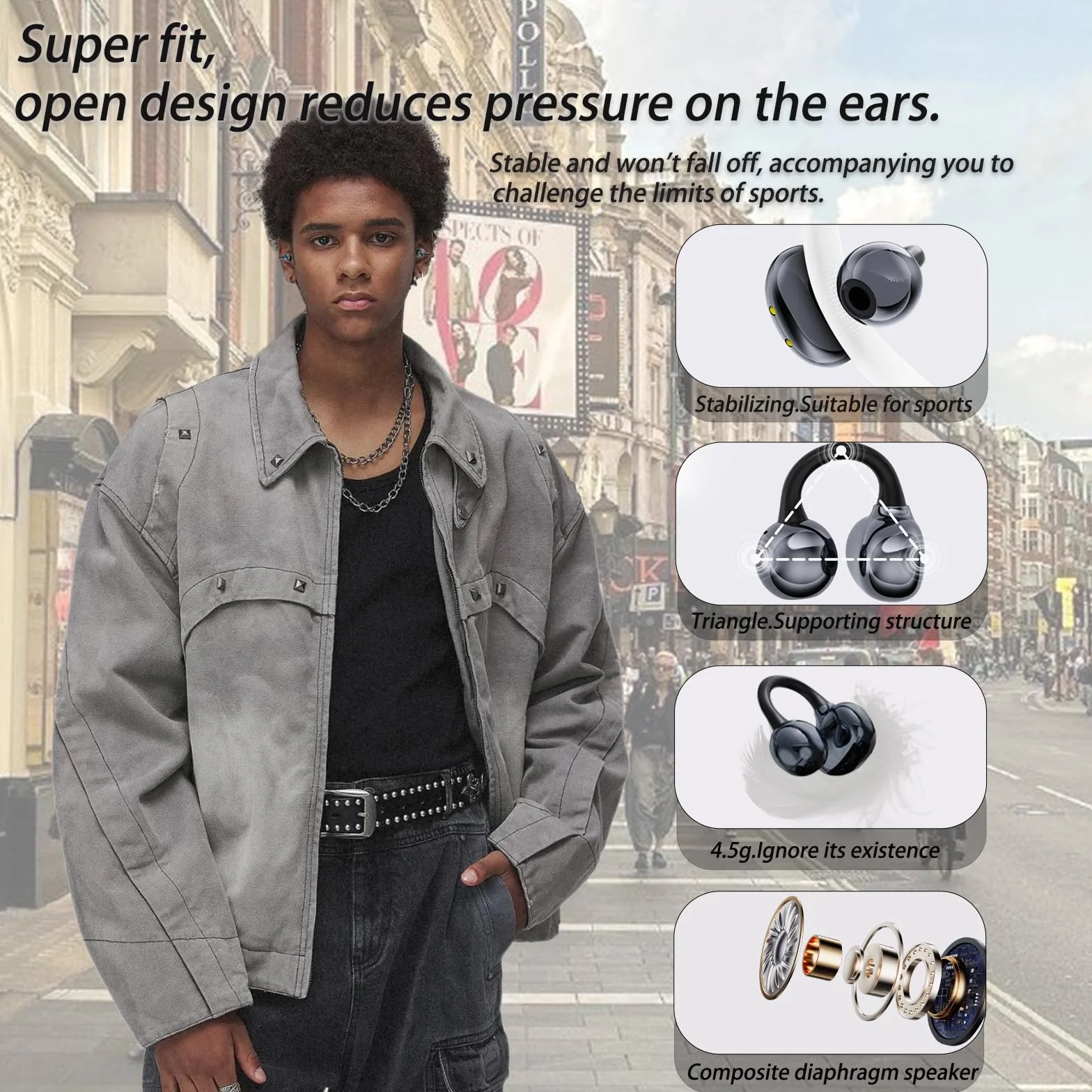Écouteurs Bluetooth sans Fil, Open-Ear avec Clip, Léger et Stable Seulement 4.5g, Suppression du Bruit, iOS & Android, IP57, Affichage LED, pour Voyage/Deporte/Études/Running Sport (Noir)