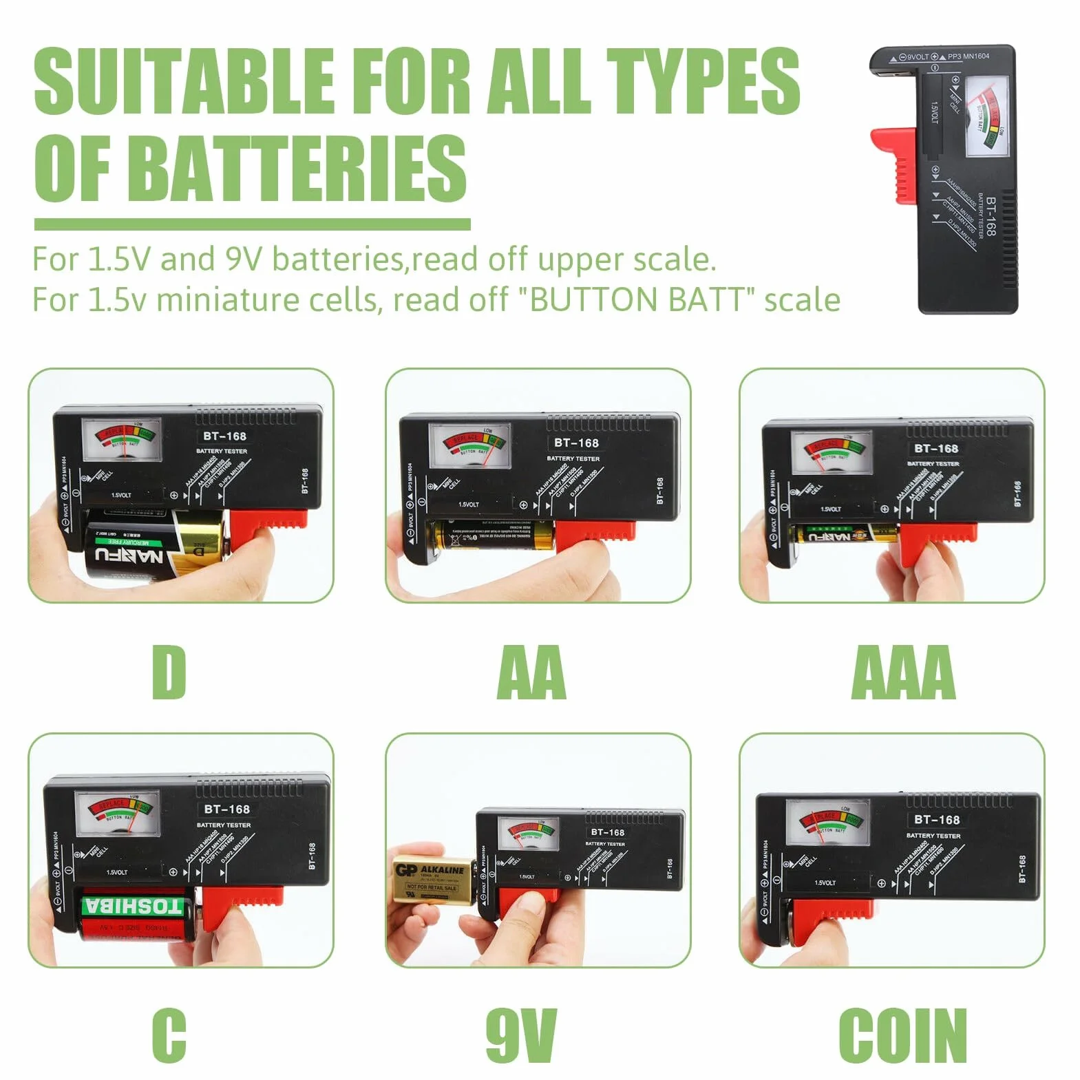Testeur de Piles Universel, Testeur Pile Numérique pour AA, AA, C, D, PP3, 9V, 1.5V, Piles Bouton,Fonctionne Sans Pile,Testeur Piles Idéal pour Tester vos Anciennes Batteries (Modèle: BT-168)