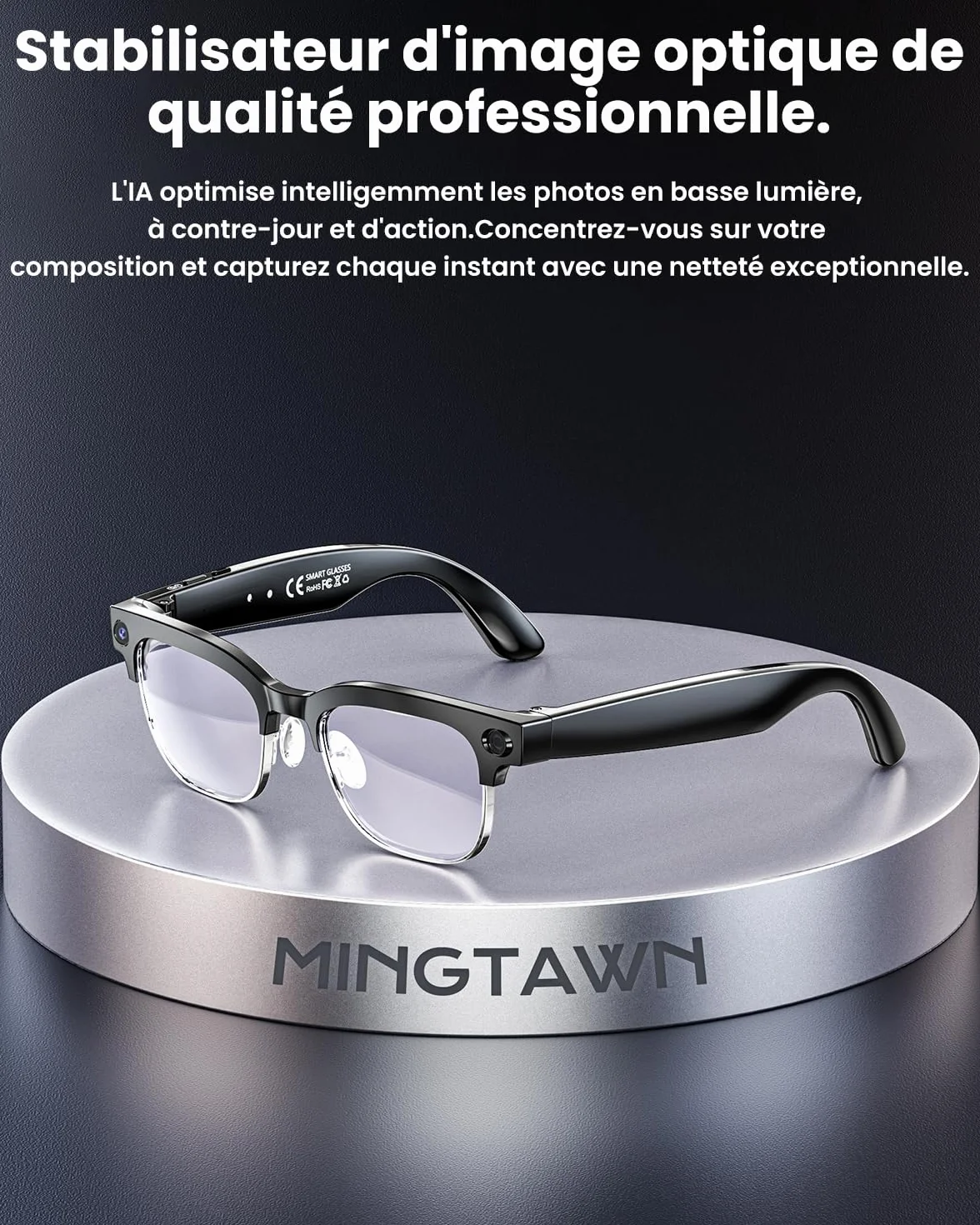 Lunettes intelligentes AI — Caméra 8MP anti-vibration, 290mAh, appel BT, 4K HD (enregistrement vidéo + double mic), IP66, interprétation simultanée/identification GPT (verres anti-lueurs bleues)