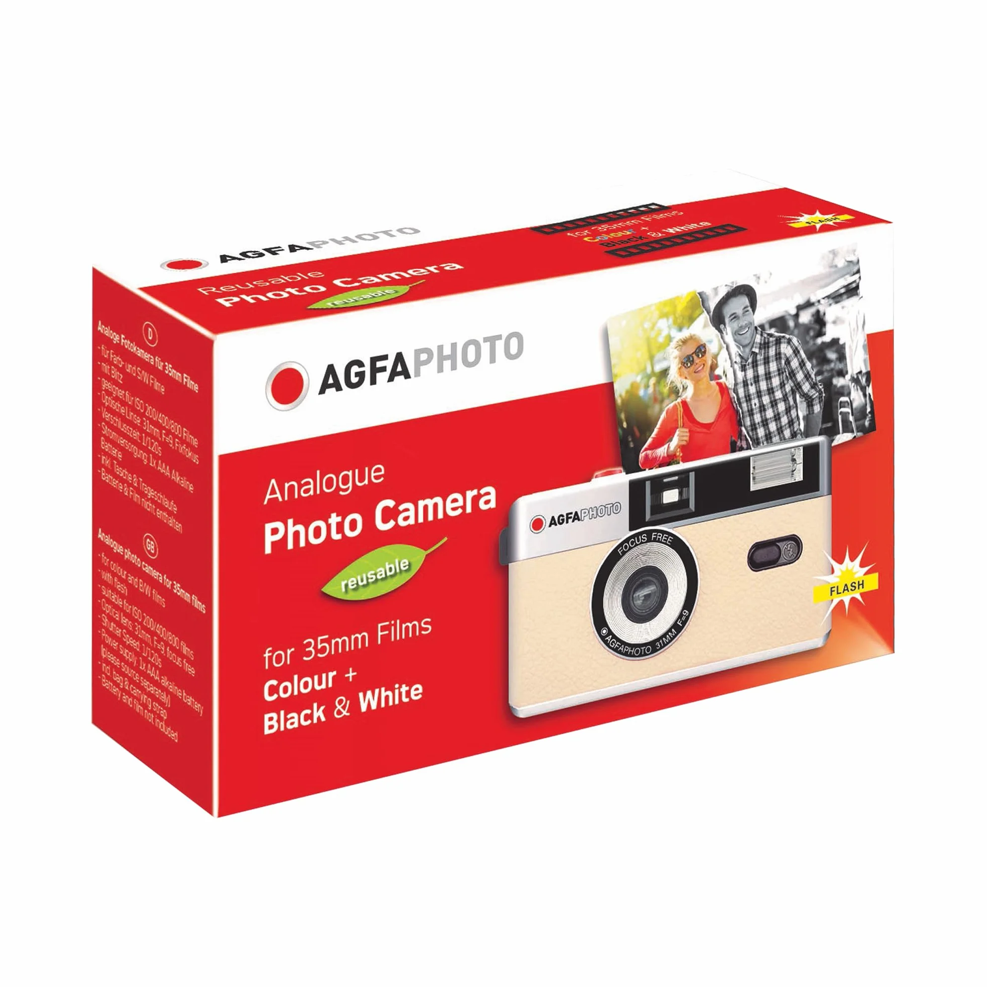 AGFAPHOTO - Appareil Photo Argentique 35mm – Objectif 31 mm F9, Flash Intégré, Mise au Point Fixe, Compatible Pellicules ISO 200/400/800 – Étui et Dragonne Inclus - Beige