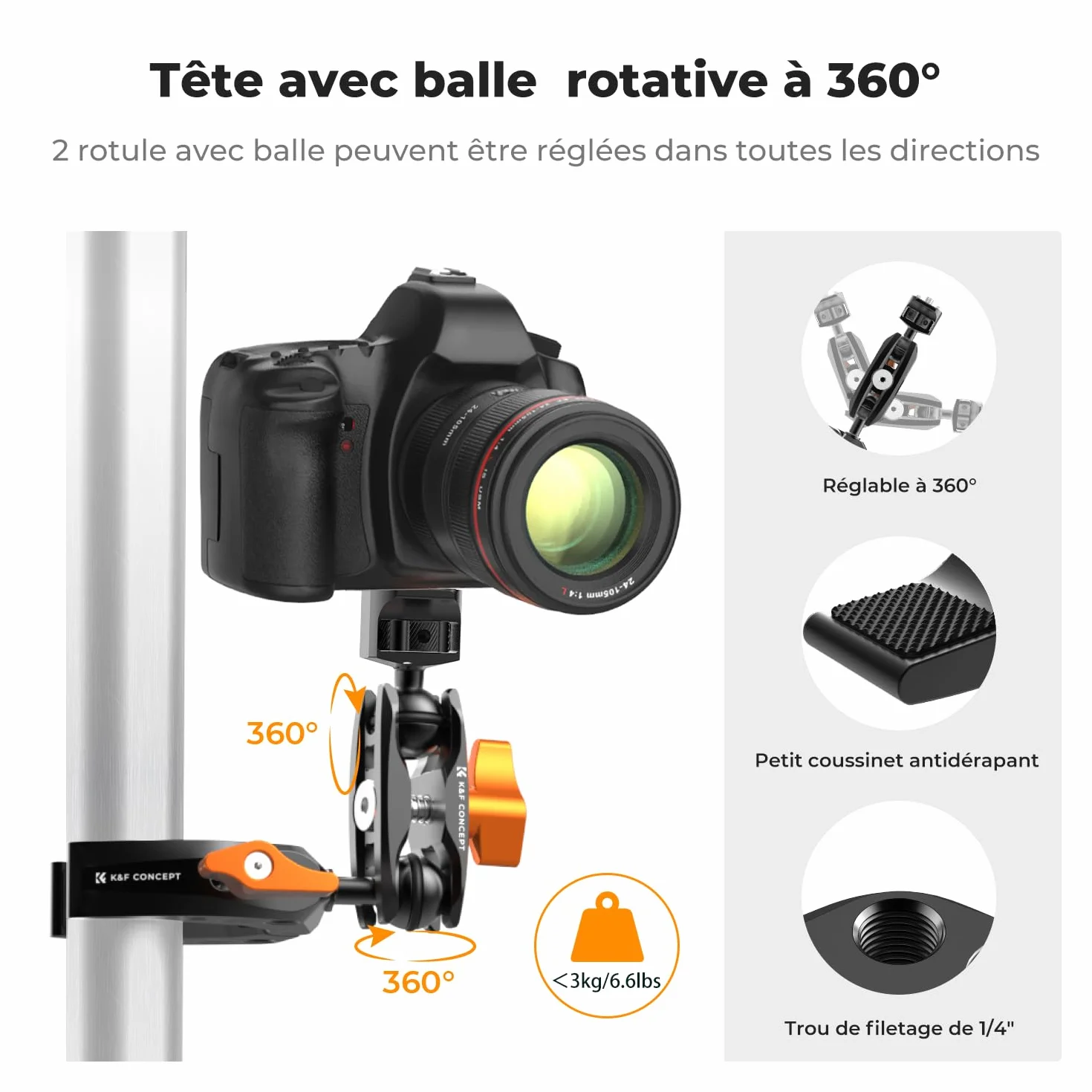 K&F CONCEPT Bras Magique + Pince Super Clamp à Rotule 360° – Support Articulé Multi-Angle avec Filetage 1/4'' et Adaptateur GoPro/Clip Téléphone pour Caméra Photo DSLR Microphone Lumière – M13