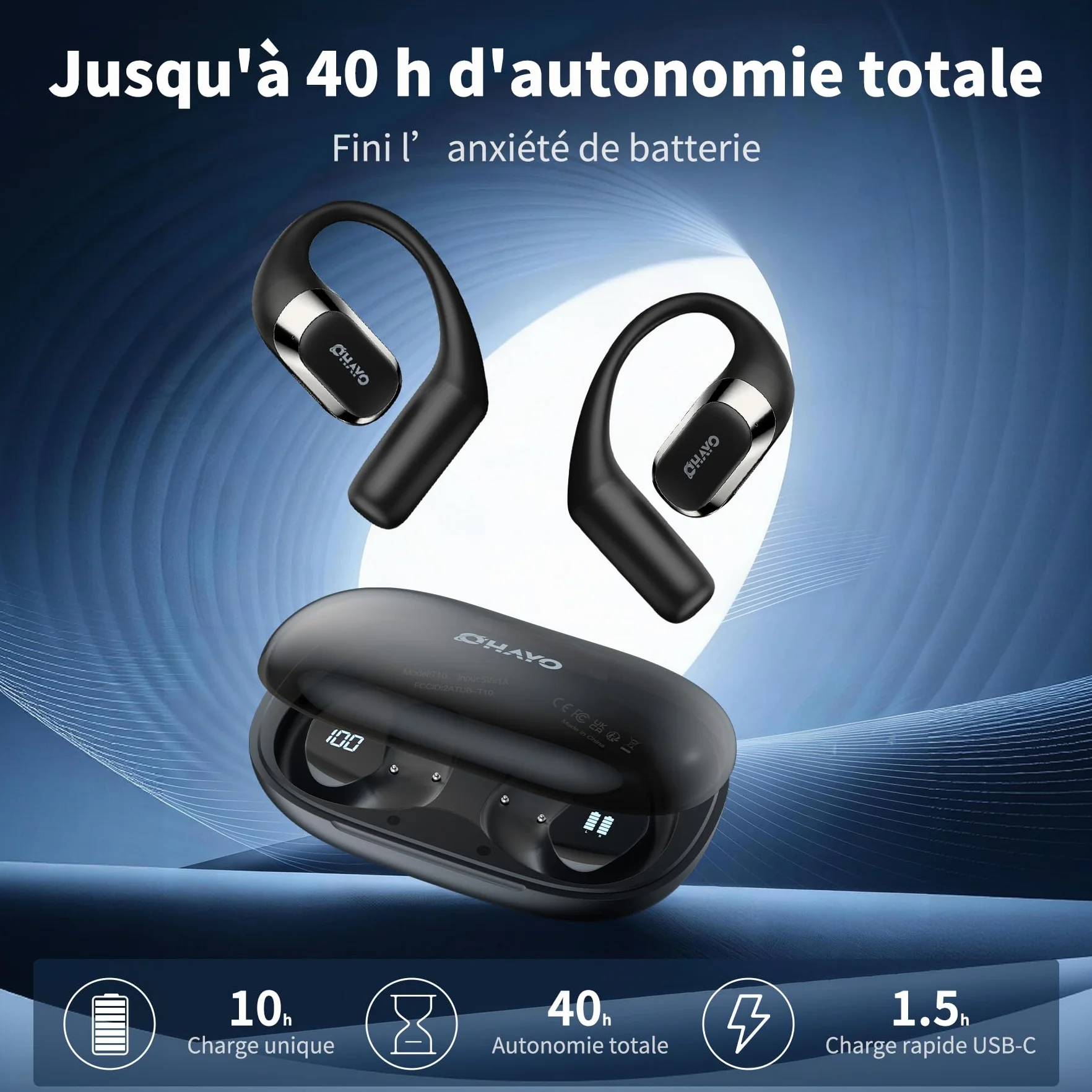 OHAYO Ecouteurs Sport, Écouteur sans Fil Sport avec 4 ENC Mic, Écouteur Bluetooth 5.4, IPX7 Étanche Oreillette Bluetooth Running, Faire du vélo, 40H d'autonomie, Basses Profondes, USB-C Charge Rapide