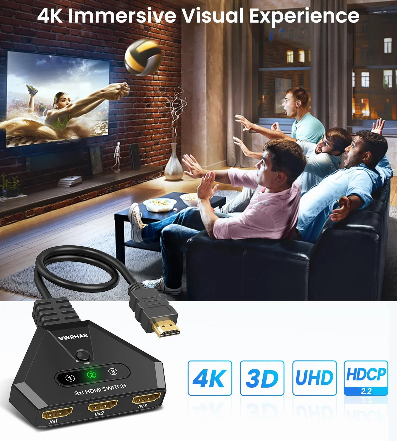 Switch HDMI, Multiprise HDMI Switch 4K 3 Entrée 1 Sorties Multi HDMI avec Câble Haute Vitesse, Commutateur HDCP 2.2 UHD/3D/4K pour TV Fire Stick, PS5,Sky Box,X Box,Games Consoles,DVD,PC,Roku Etc