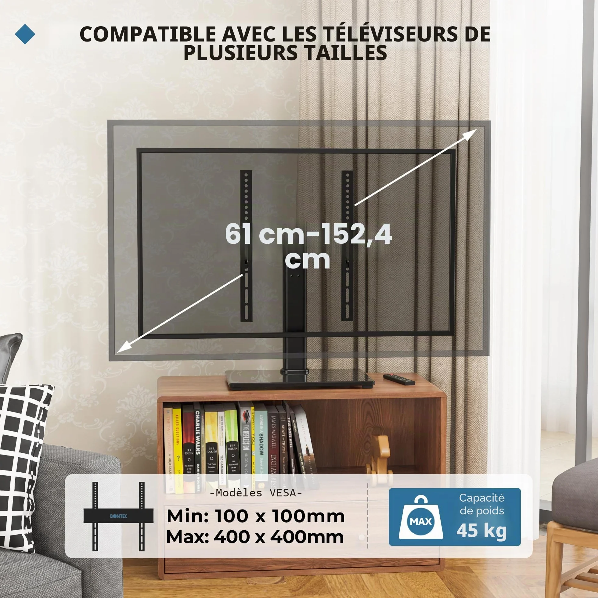BONTEC Support TV sur Pied TV Universel Pivotant pour Télévisions de 24 à 60 Pouces LCD/LED/Plasma Hauteur Réglable avec Base en Verre Trempé de 8 mm - Charge Maximal 45kg Max VESA 400x400 mm