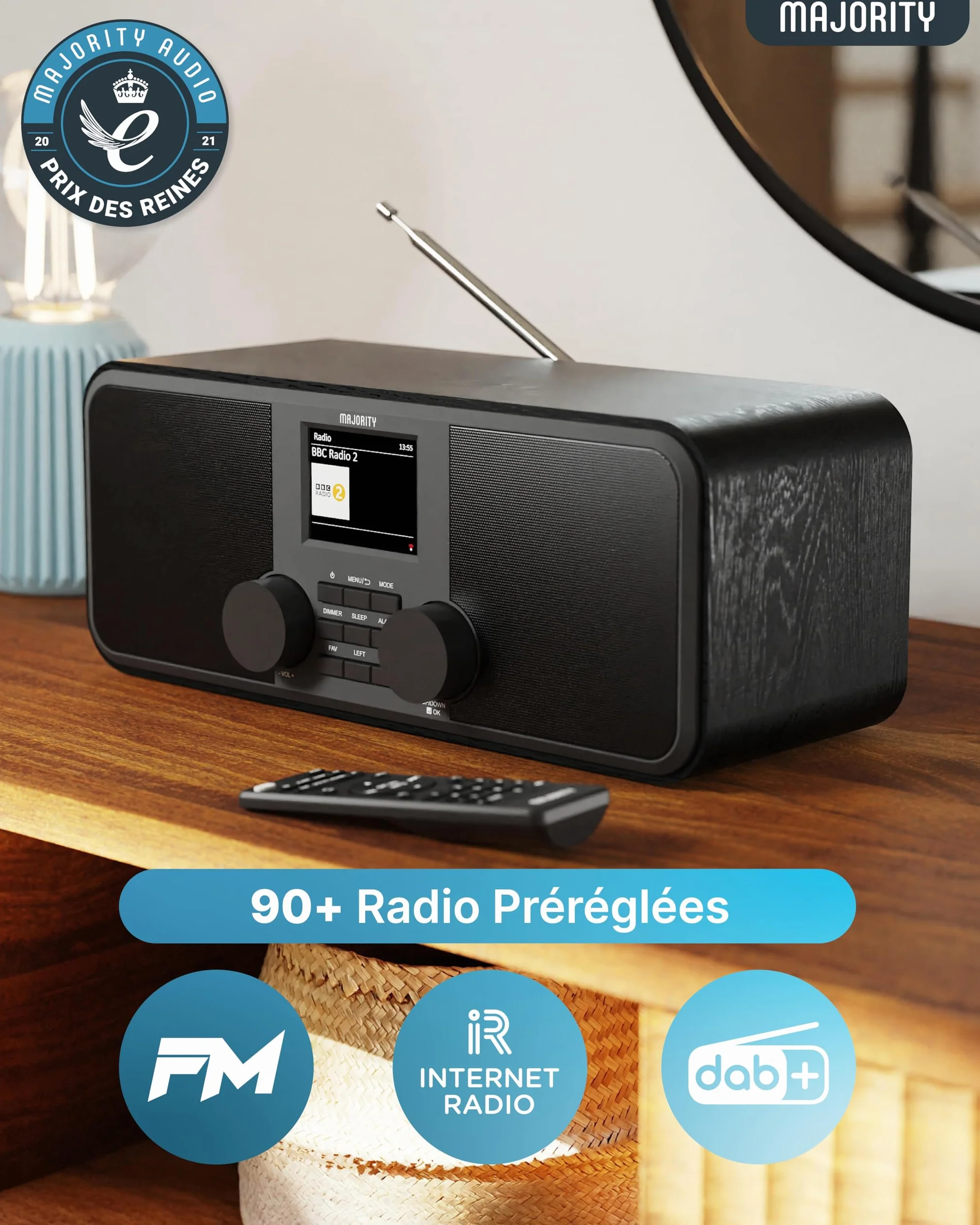 Majority Rostock Radio Internet WiFi DAB+ FM Bluetooth Haut-parleurs Stéréo 2.0 Spotify Connect Podcasts Télécommande