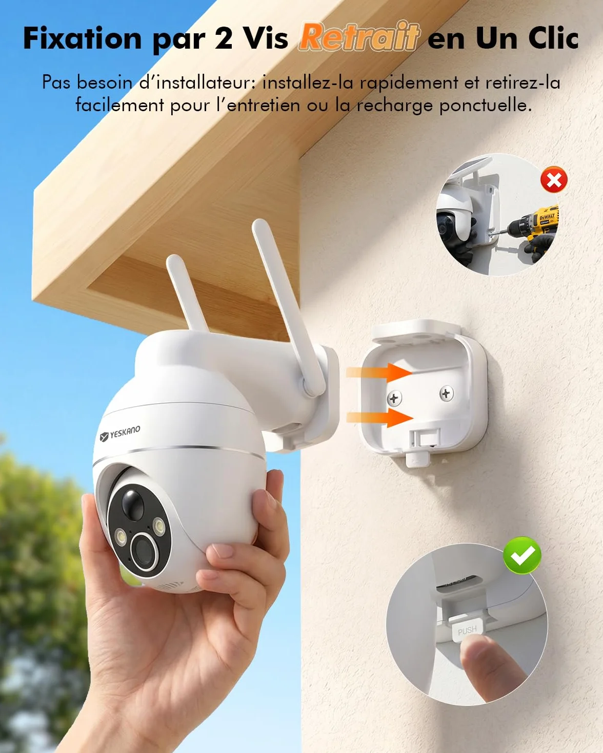 YESKANO 2K Camera Surveillance WiFi Exterieure Sans Fil Solaire, Caméra Extérieure Solaire 360° PTZ, avec Panneau Déporté 2M, Vision Nocturne Couleur, Détection PIR, Audio 2 Voies, 2,4 GHz, IP66 Blanc