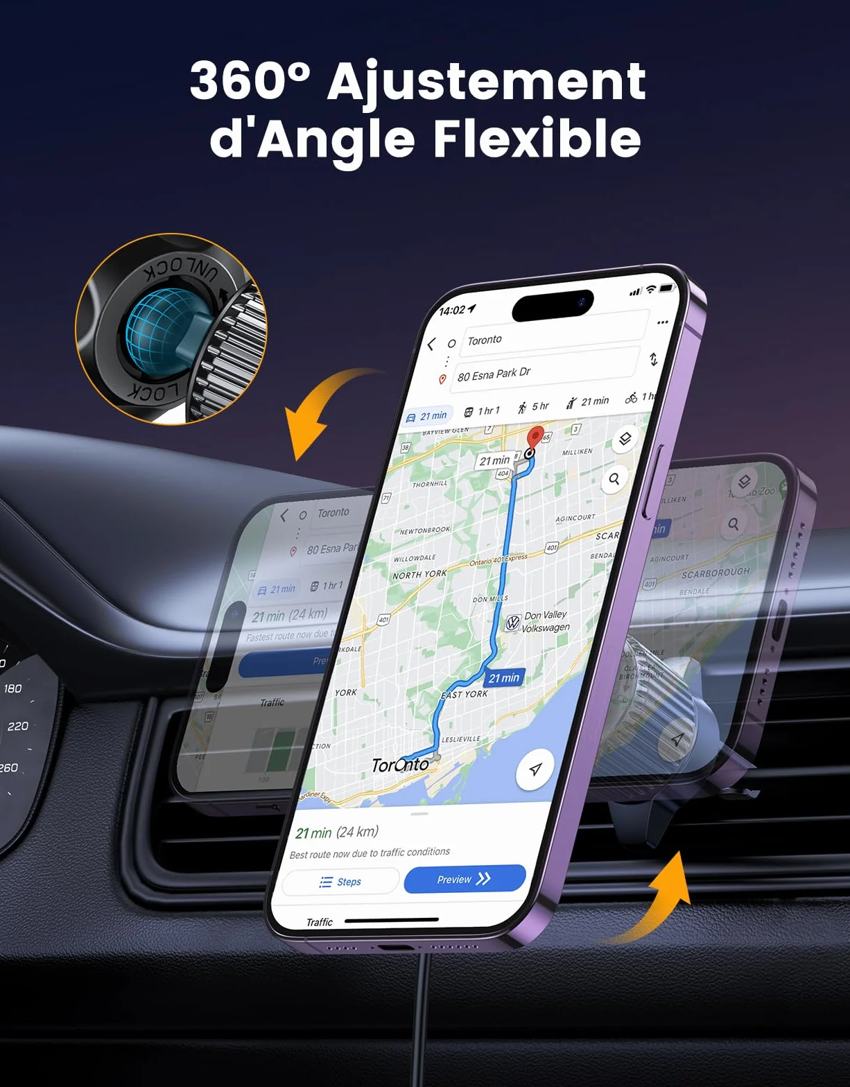 EOIWUY Support Telephone Voiture Induction, 15W Rapide Chargeur Compatible avec Magsafe Voiture, Rotation 360° & Grille d'Aération Chargeur sans Fil Voiture Compatible avec iPhone 17/16/15/14 Series