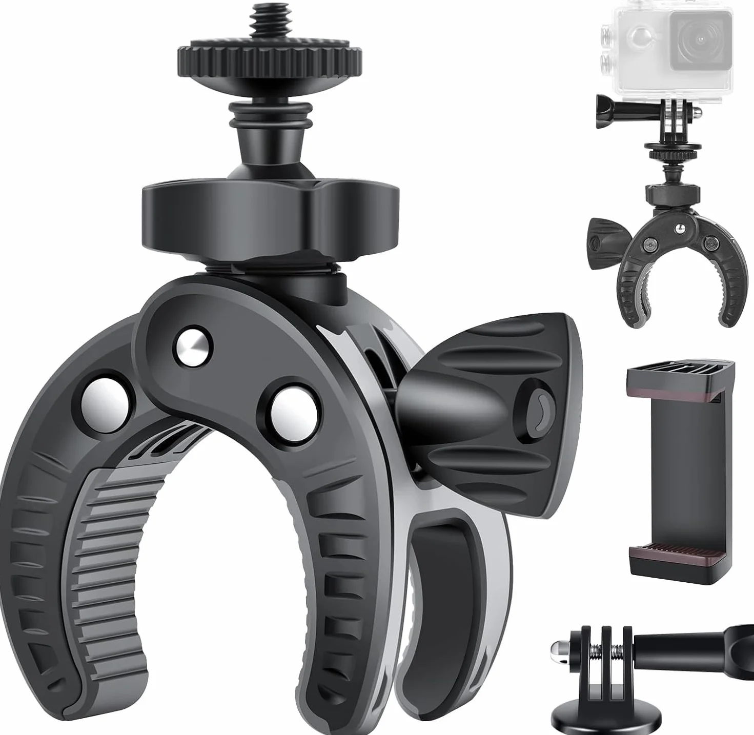 UTEBIT Support Guidon de Moto Vélo pour GoPro, 360° Rotatif Fixation Montage Support avec Support Telephone, Fixation Camera Clamp avec 1/4" Compatible for GoPro Action Camera