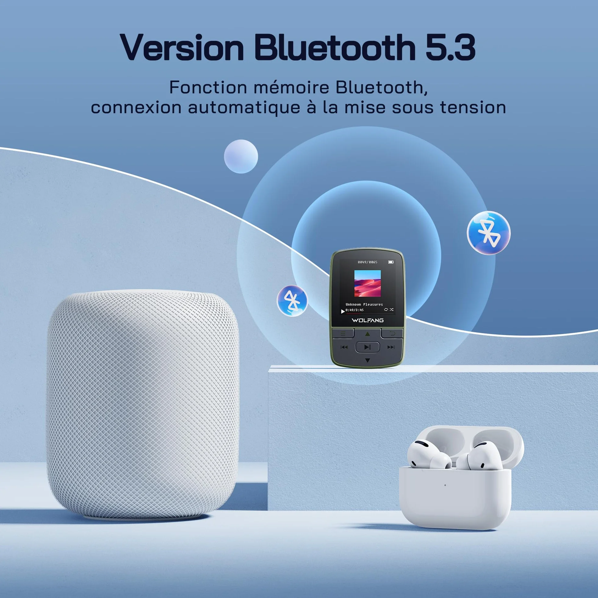 WOLFANG Lecteurs MP3 avec Bluetooth 5.2, Clip Sport, Taille Mini, Poids 28,3 g, Radio FM HiF, enregistreur Vocal, Jusqu'à 128 Go, sans Carte mémoire, écouteurs Inclus, Vert Kaki