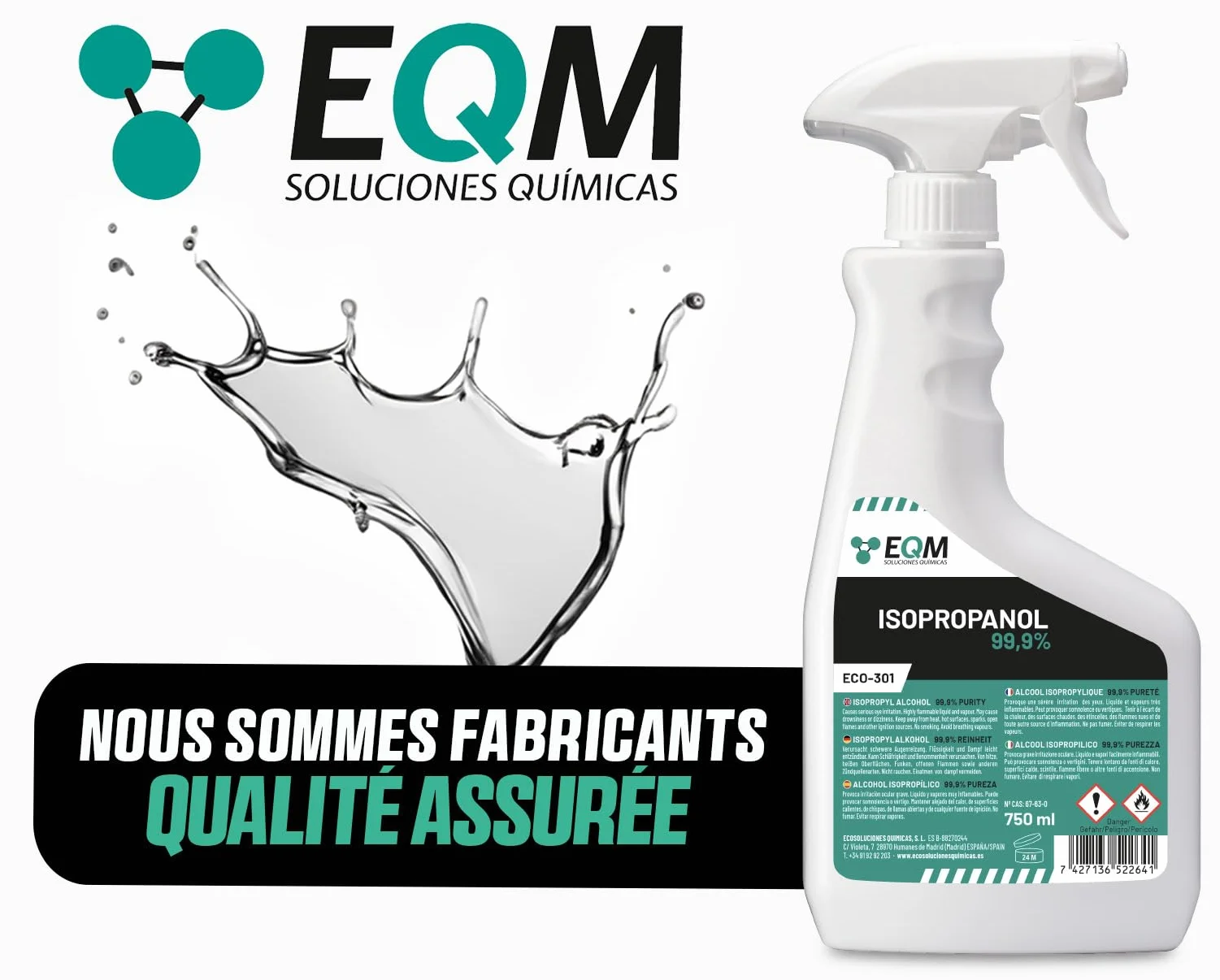 EQM - ECO-301 - Alcool Isopropylique Pur 99,9% - 750 ML - Nettoyage de Composants Électroniques, Objectifs, Écrans et Résines d’Impression 3D