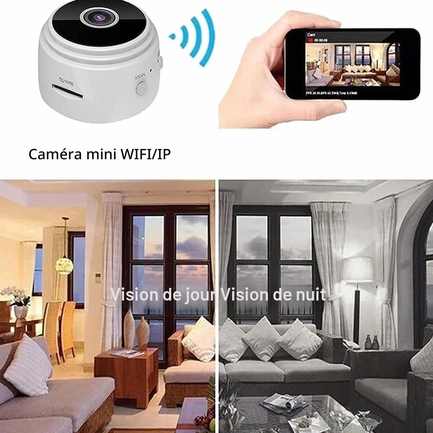 Secretscope Mini caméra de sécurité magnétique, Wi-Fi, caméra extérieure sans fil, avec fonction de vision nocturne pour la maison et le bureau, (noir, 3 pièces)