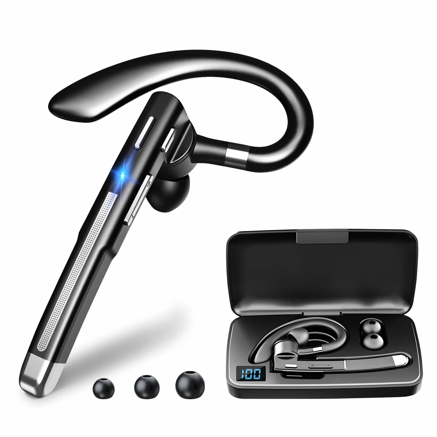 Oreillette Bluetooth sans Fil Kit Main Libre Avec double microphone pour l'annulation du bruit 64 Heures de Conversation en HD boîtier chargement LED CVC8.0 iPhone/Android