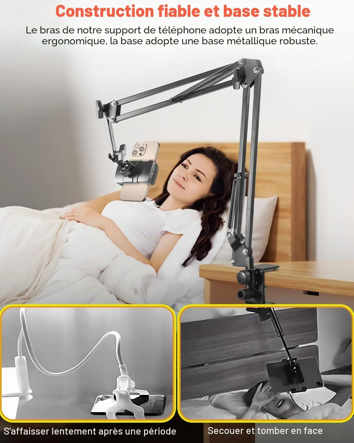 Support de téléphone portable pour lit Bras long flexible pour iPhone 15, 14, Pro Max, SE, 13, 12, 11, X, XS, 8, 7, Galaxy S23, S22, et smartphones de 4 à 7