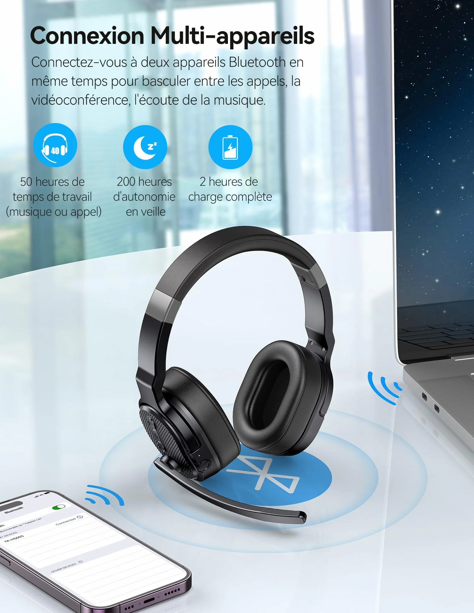 TECKNET Casque Bluetooth sans Fil avec Micro, Casque sans Fil Simple et Double Oreille avec 3 Modes de Musique EQ, Casque Anti Bruit Bluetooth ENC, pour Centres d'appels, Bureaux, Camionneurs