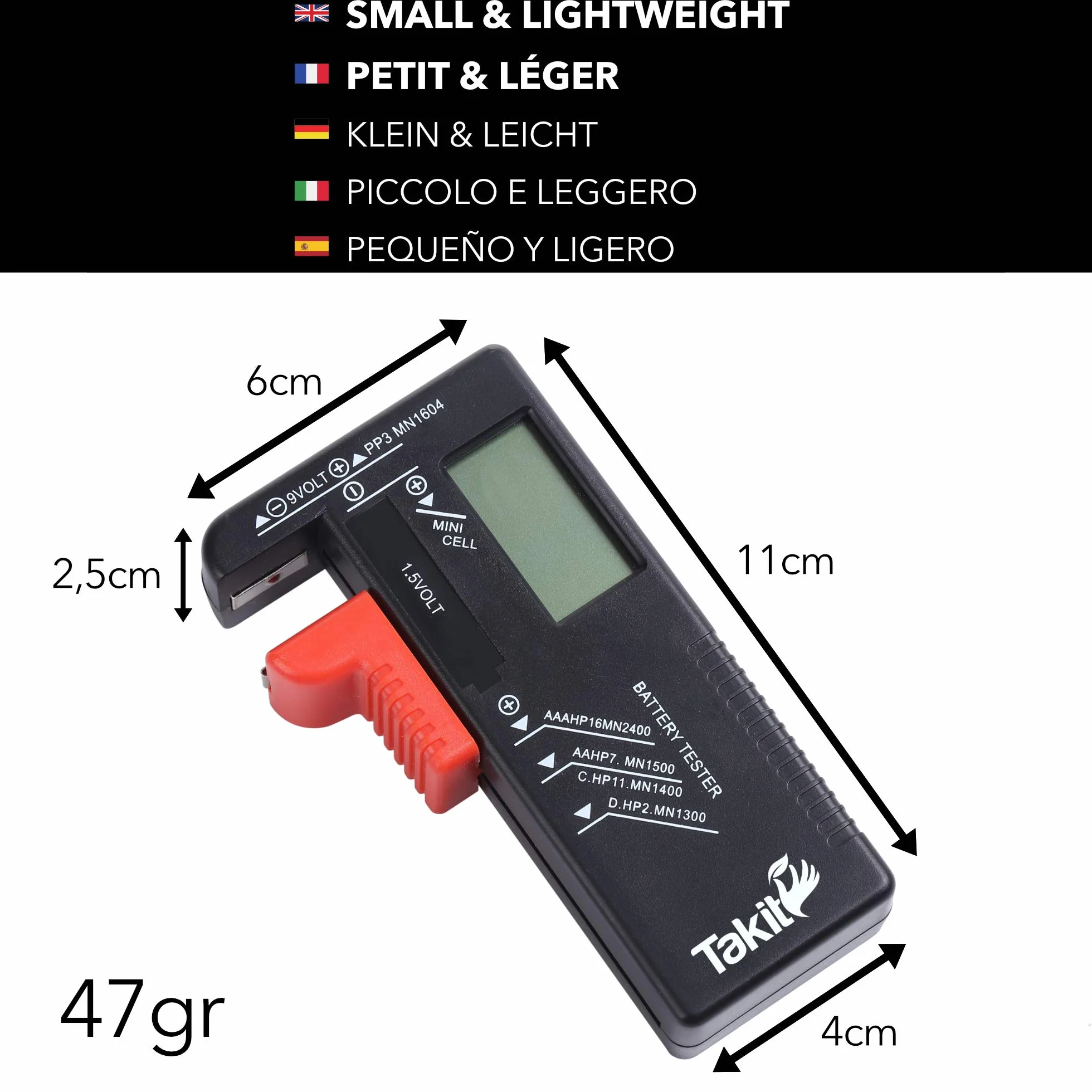 Takit Testeur de Piles Numérique pour AA AAA C D PP3 9V 1.5V Piles Bouton