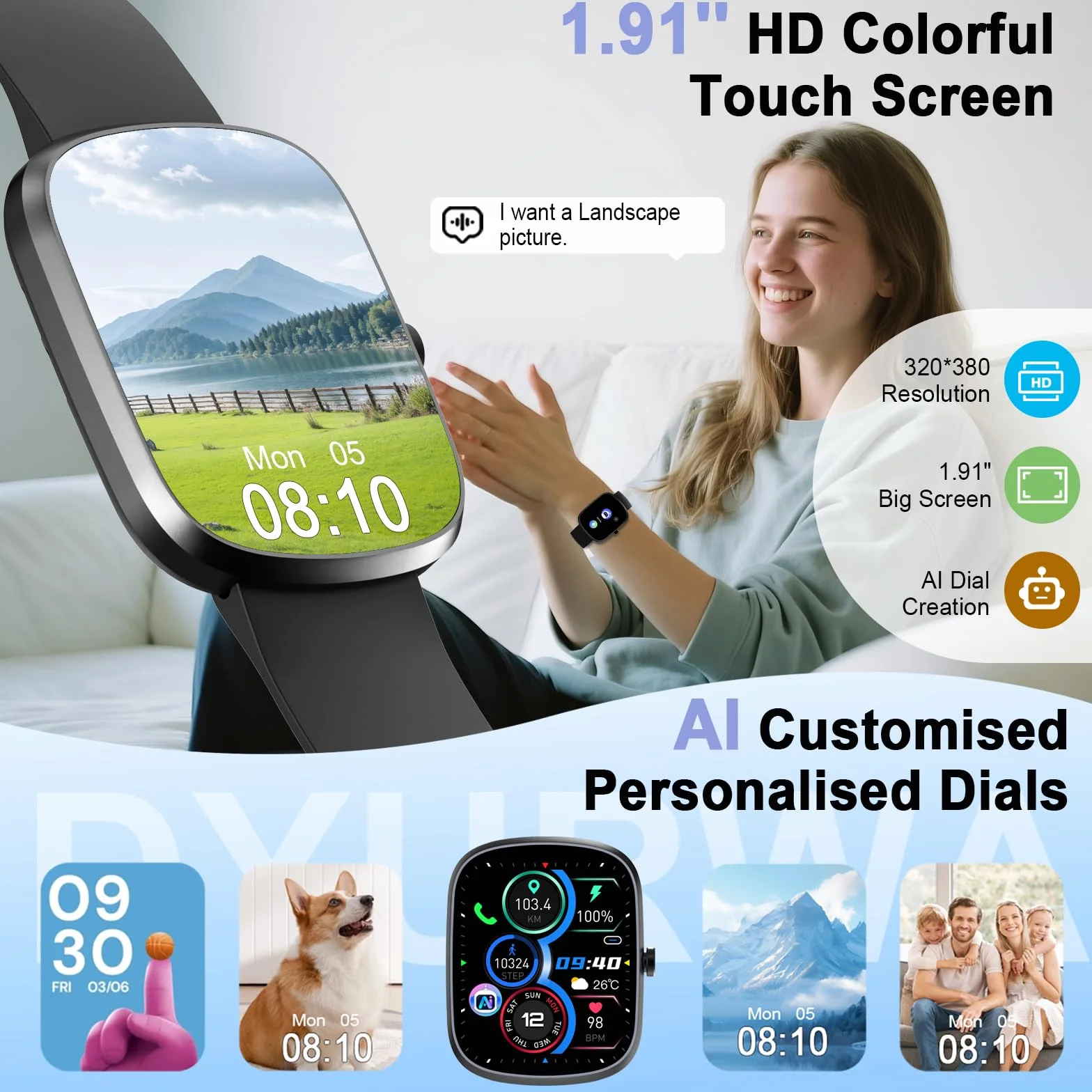 IA Montre Connectée Homme Femme avec ChatGPT, 1.91''Smartwatch avec Appel Bluetooth, Etanche IP68 Montre Sport Podometre Cardiofrequencemetre Sommeil, 120+Sportifs Montre Intelligente pour Android iOS