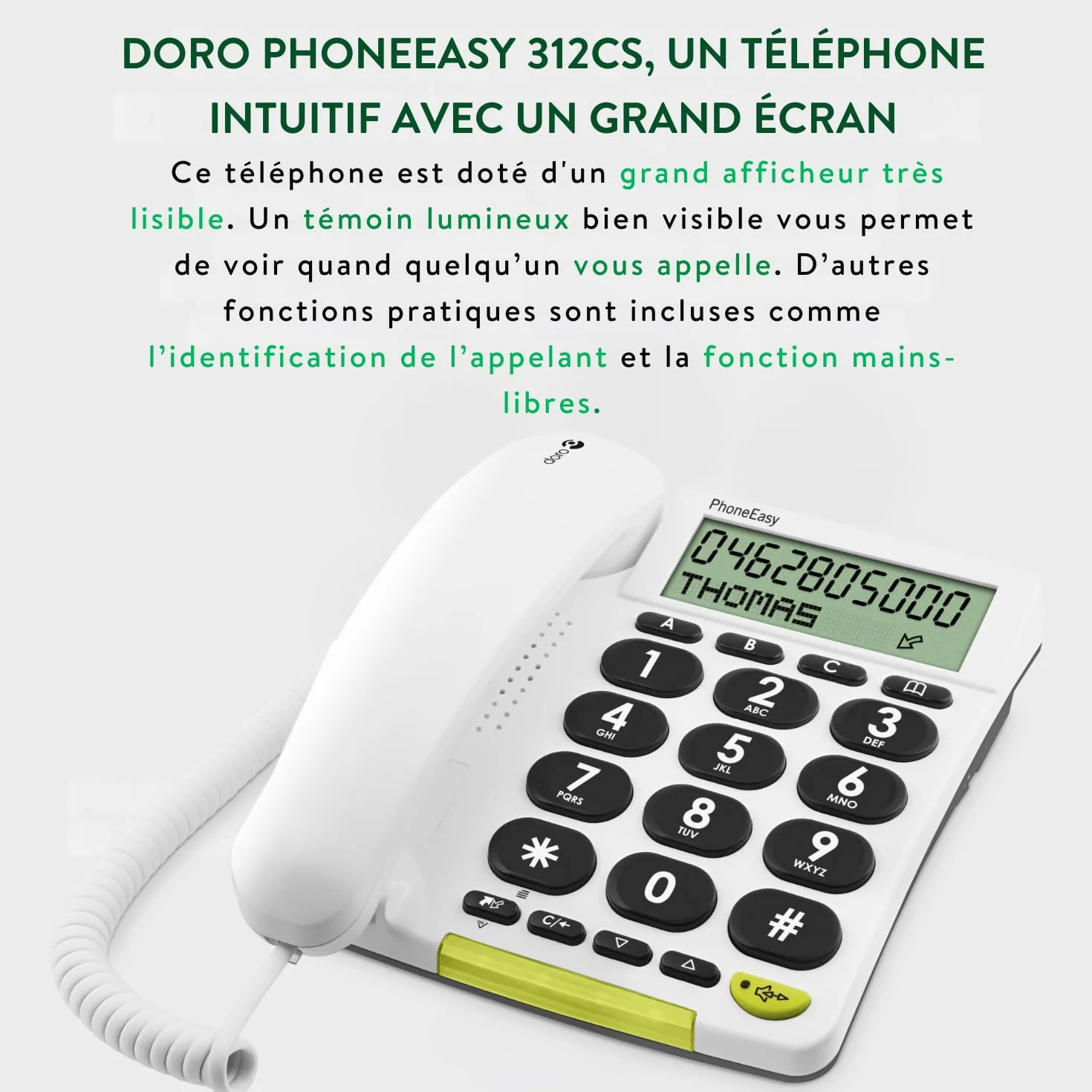 Doro PhoneEasy 312cs téléphone Filaire simplifié Larges Touches contrastées, Fonction Mains-Libres et mémoires directes (Blanc)