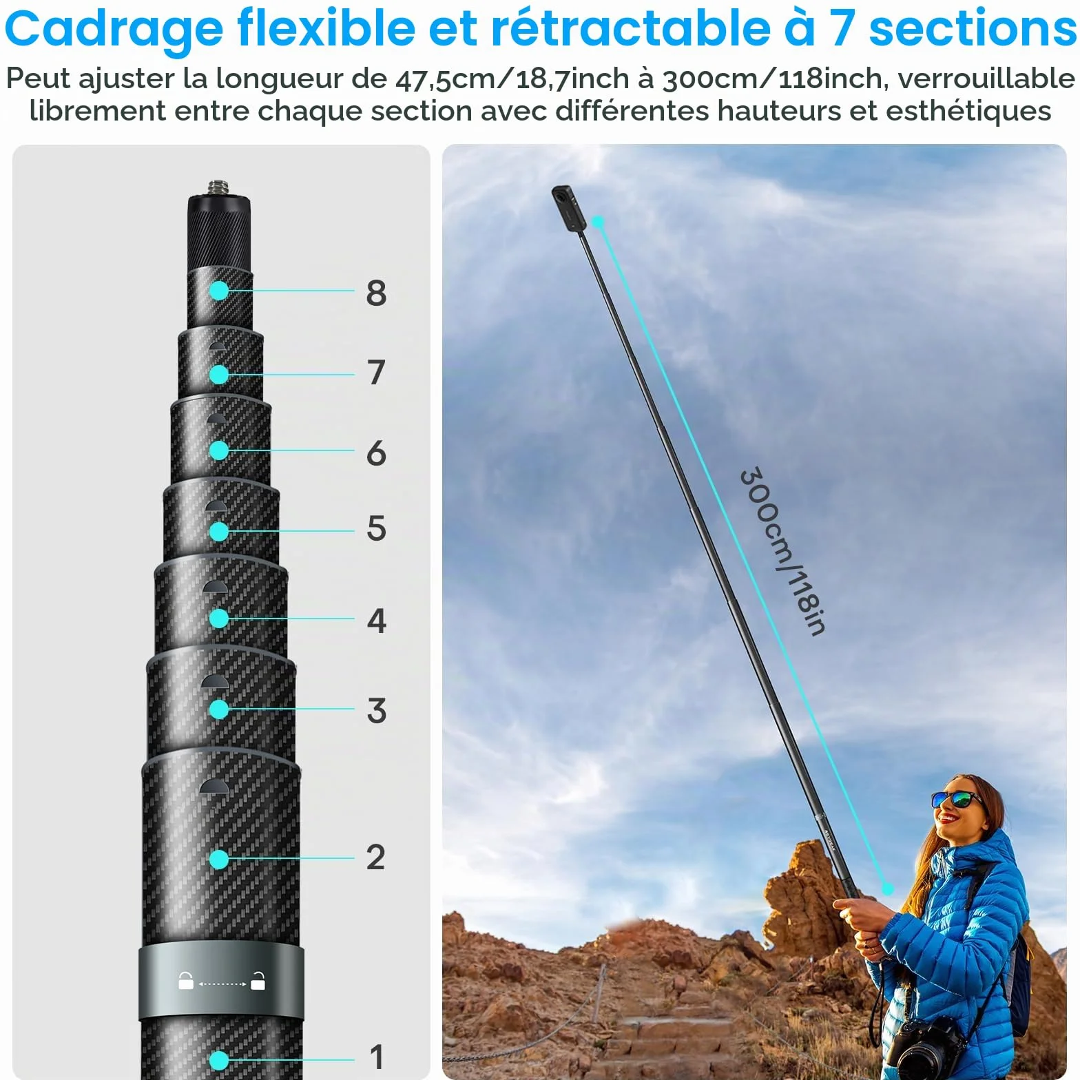 REYGEAK 300cm / 118 "Extended Selfie Rod pour insta360 X4, 7 Pieds Extra Long Invisible Selfie Rod avec 1/4 vis Fibre de Carbone Étanche Extension Monopode pour inst360 X4 / X3 /X2 / One