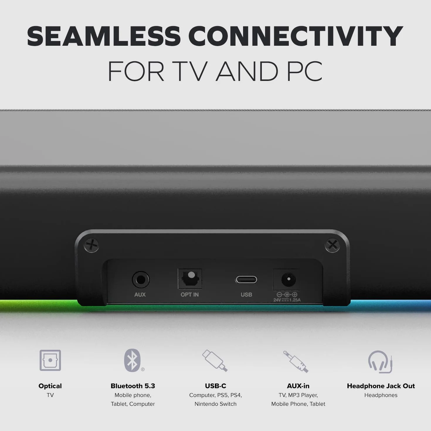 Sound Blaster GS5 Barre de Son Gaming RGB SuperWide 60W Bluetooth 5.4 Optical-in
