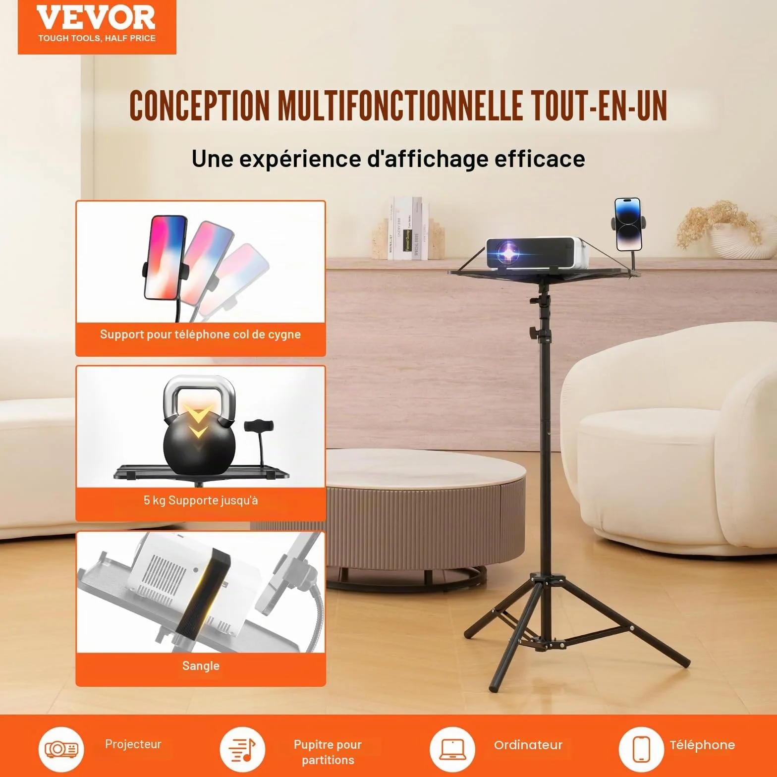 VEVOR Support Trépied Vidéoprojecteur Hauteur Réglable 68,5-160 cm avec Plateau et Support Téléphone