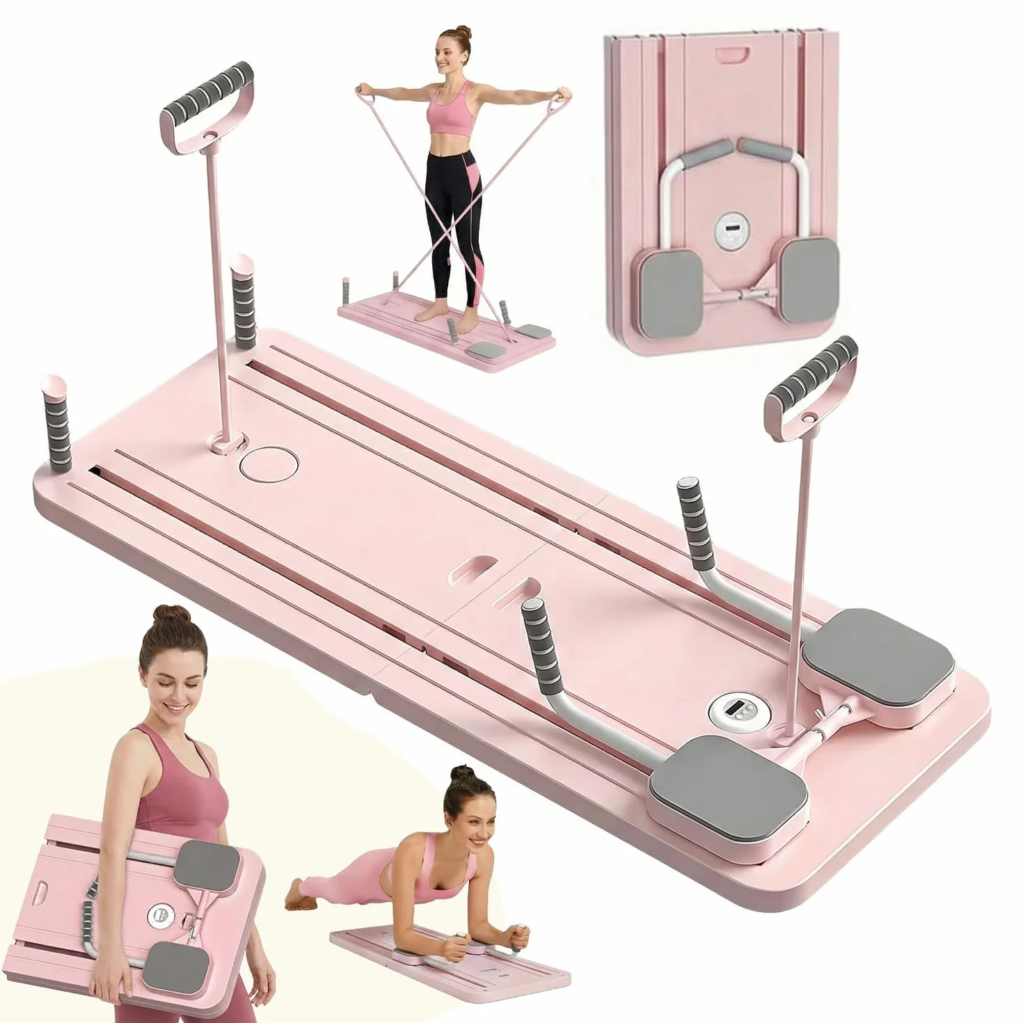 Saha Planche Pilates Reformer Rose Appareil Abdos Fitness Maison Bandes Résistance Poignées Timer Yoga Gainage Musculation