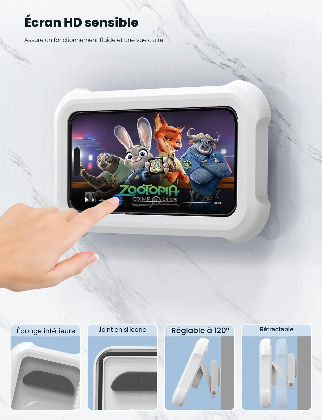 Lamicall Support de Téléphone de Douche Étanche, Étui Boîtier de Téléphone Étanche pour Mural - [360°Rotation & 120°Réglable] 3 Crochets Muraux Adhésifs, Support Mural de Bain pour 4 à 7" Smartphone