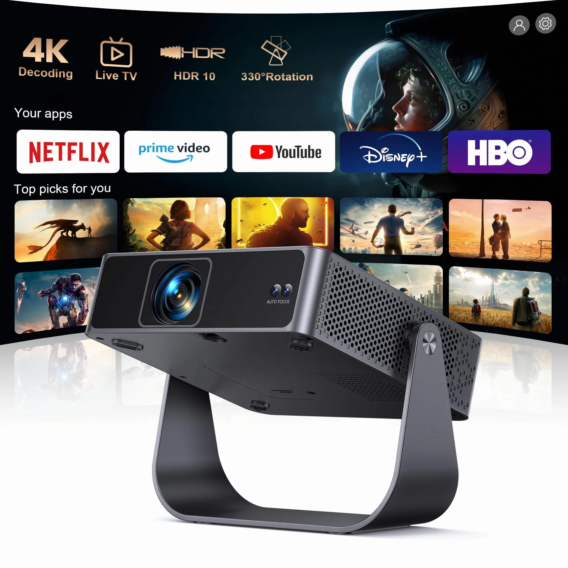 Mini Vidéoprojecteur 4K Portable Auto Focus Keystone HDR10 WiFi6 Bluetooth 1080P