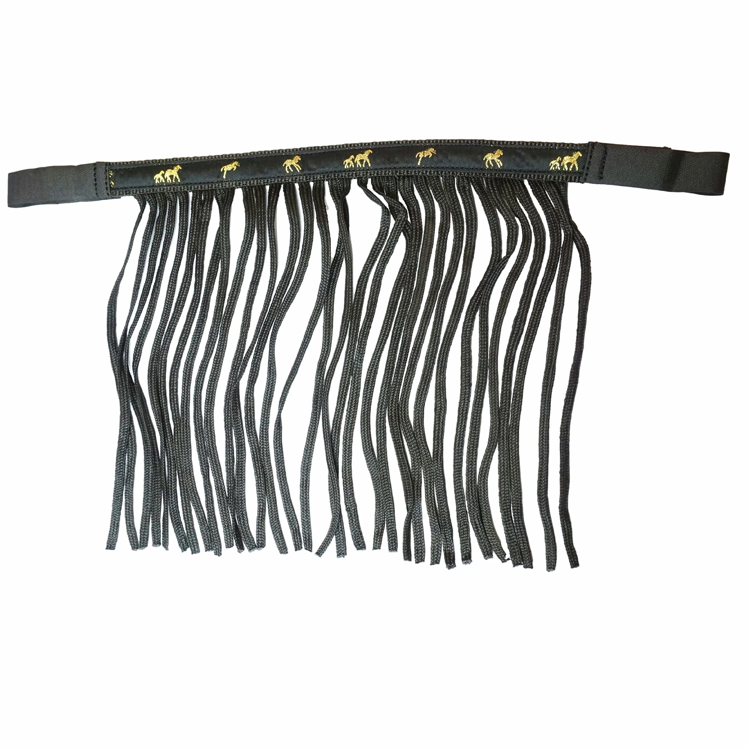 Masque anti-mouches cheval avec franges et fermeture pour poney, cob, sang chaud, noir