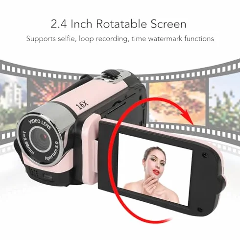 Caméscope Vidéo 1080P 16MP 16X Zoom HD Écran Rotatif 2,4 Pouces avec Lumière Remplissage Trépied 1/4 Pouce