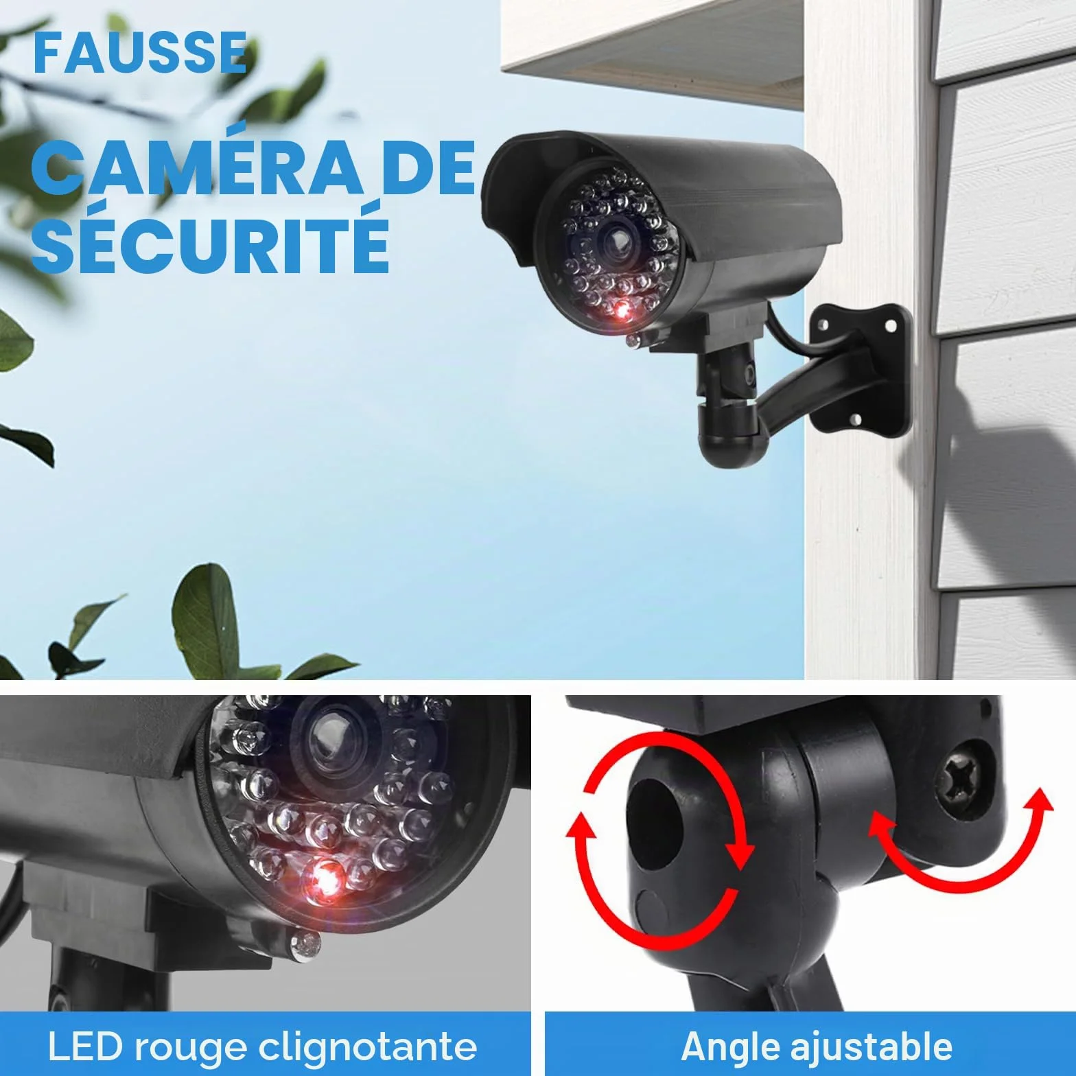 Sporgo Caméra Factice 3 Pièces: Caméra de Surveillance Factice Extérieure avec Lumière LED Rouge Clignotante, Caméra de Surveillance Factice Fausse Caméra de Sécurité pour Intérieur et Extérieur (Noir