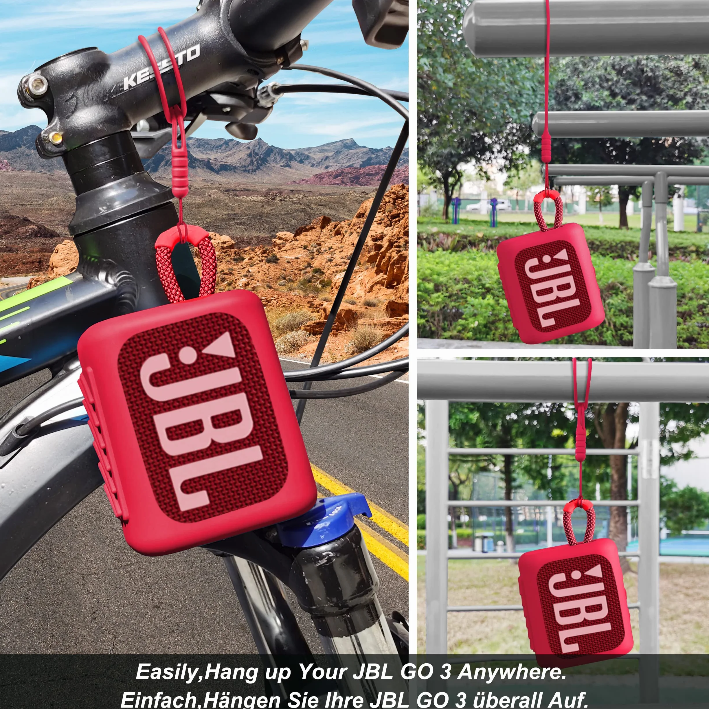 Étui en silicone pour JBL GO 3 avec tour de cou et mousqueton, Rouge