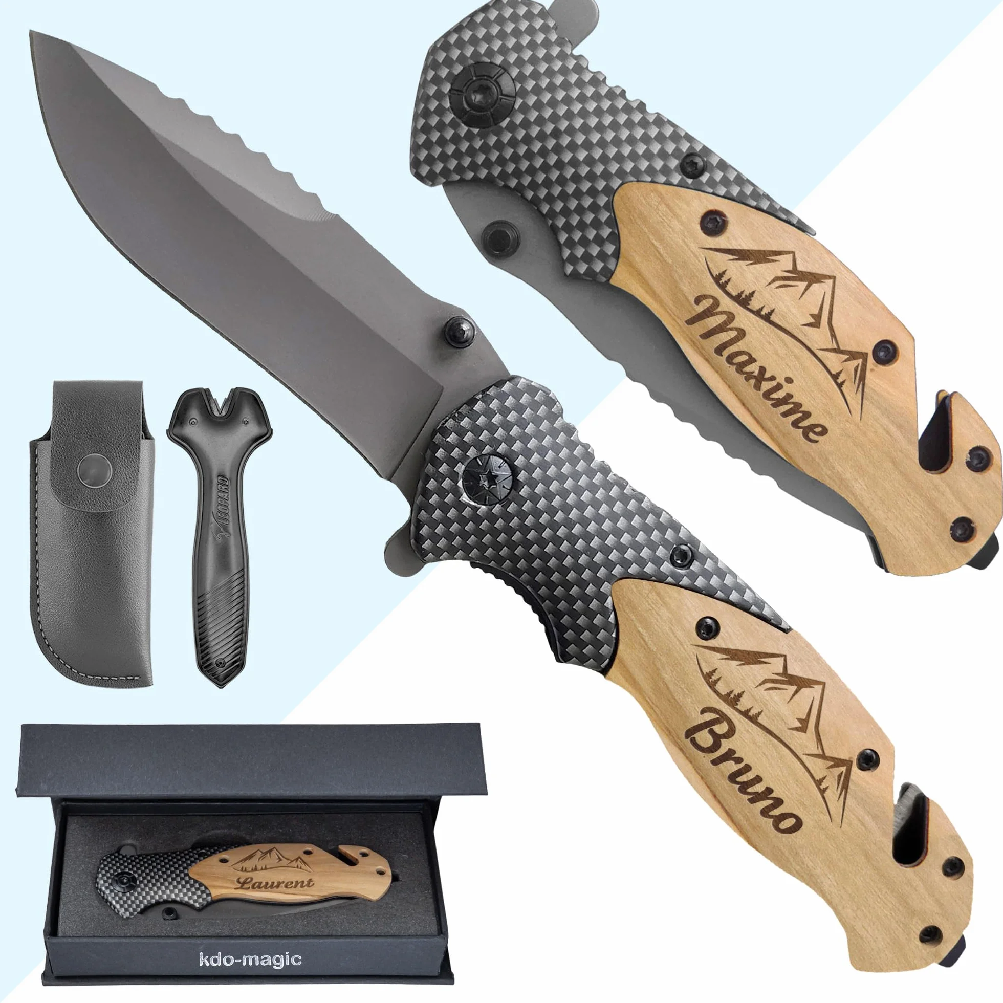 Couteau de survie personnalisé gravé avec prénom - Lame sécurité personnalisable - Manche en bois - Effet carbone - Cadeau Saint-Valentin homme