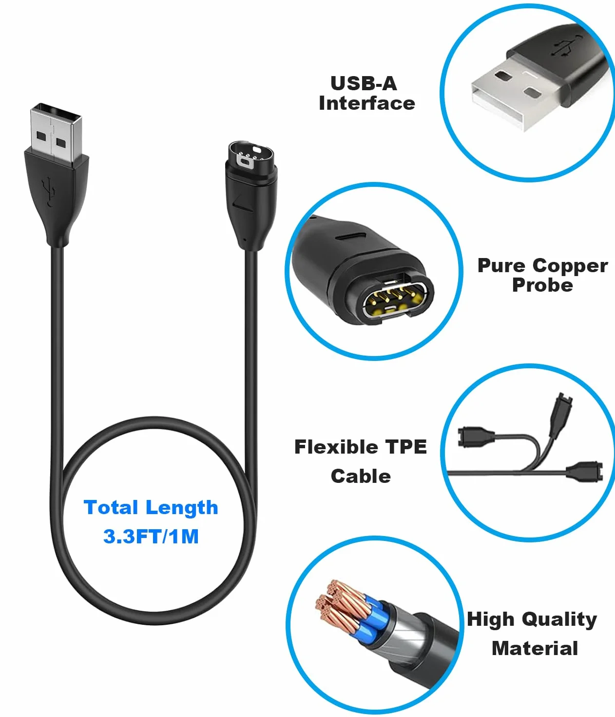 Chargeur Cable Compatible avec Garmin Venu/Venu 2/Venu 2S/Venu SQ 2/VenuSQ/Vivoactive 3, Garmin Fenix 6 6S 6X Pro, 5 5S 5X Plus, 7 7S 7X, 3.3ft Câble de Charge (Noir)