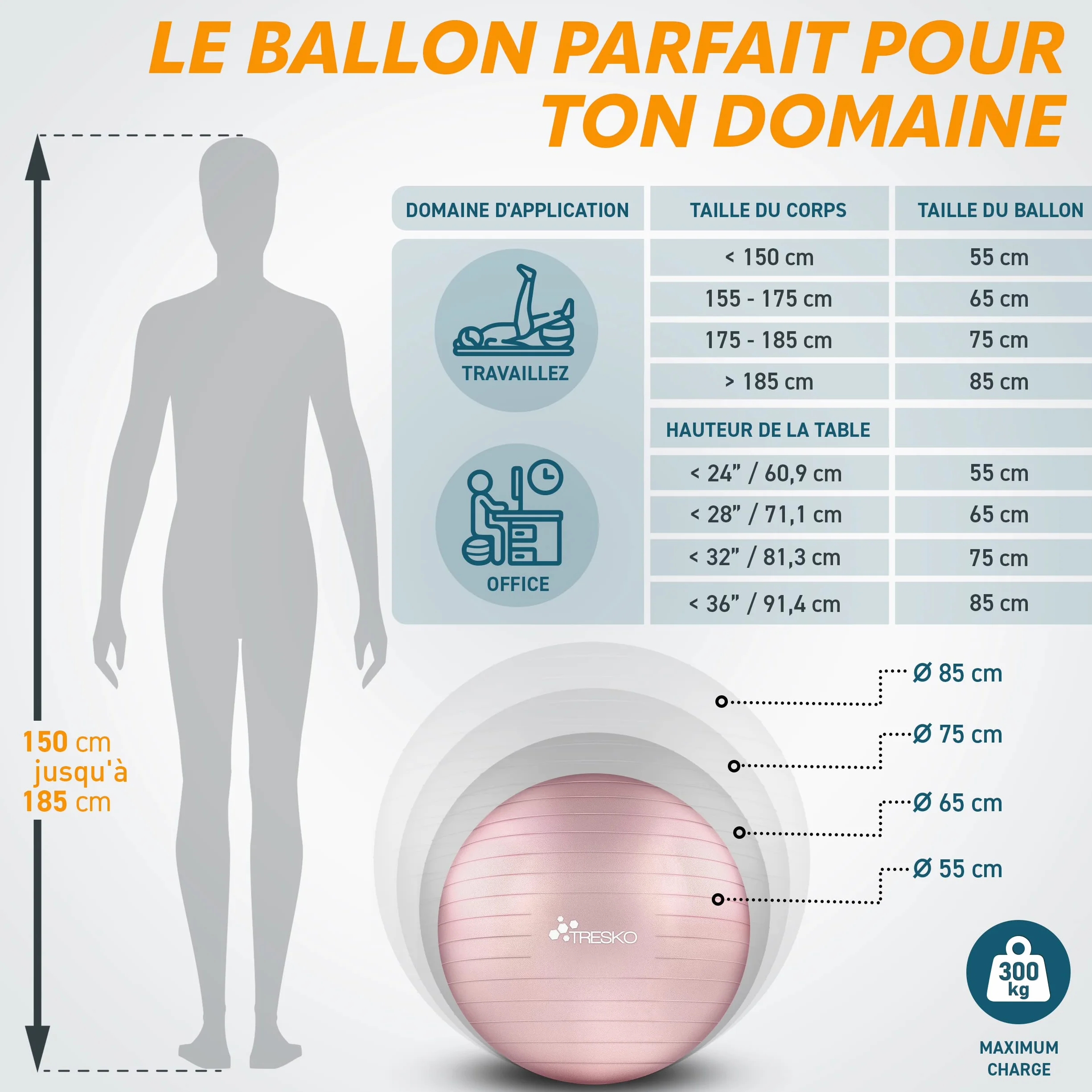 TRESKO Ballon de Gymnastique Anti-éclatement 300 kg avec Pompe à air