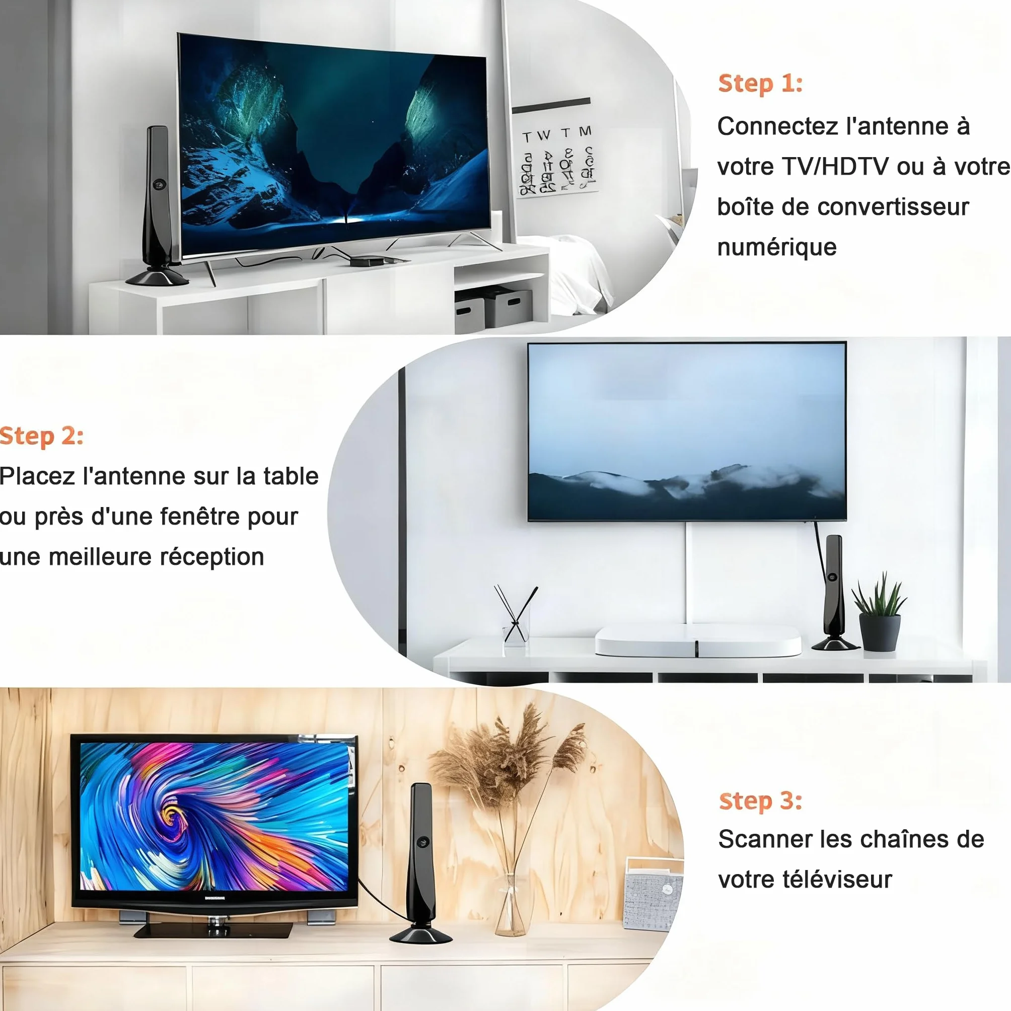 Antenne TV Intérieure Puissante – Réception Longue Portée à 360°Antennes TNT IntéRieur Puissante, Capture Chaînes Locales Gratuites, Base Magnétique, Câble Coaxial 3m