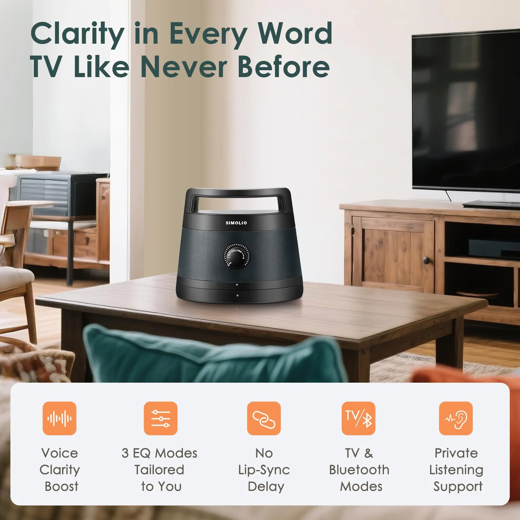 SIMOLIO Enceintes TV sans Fil Seniors Malentendants Bluetooth Haut-parleurs 3 Modes Égalisation Améliorateur Dialogue 164 Pieds