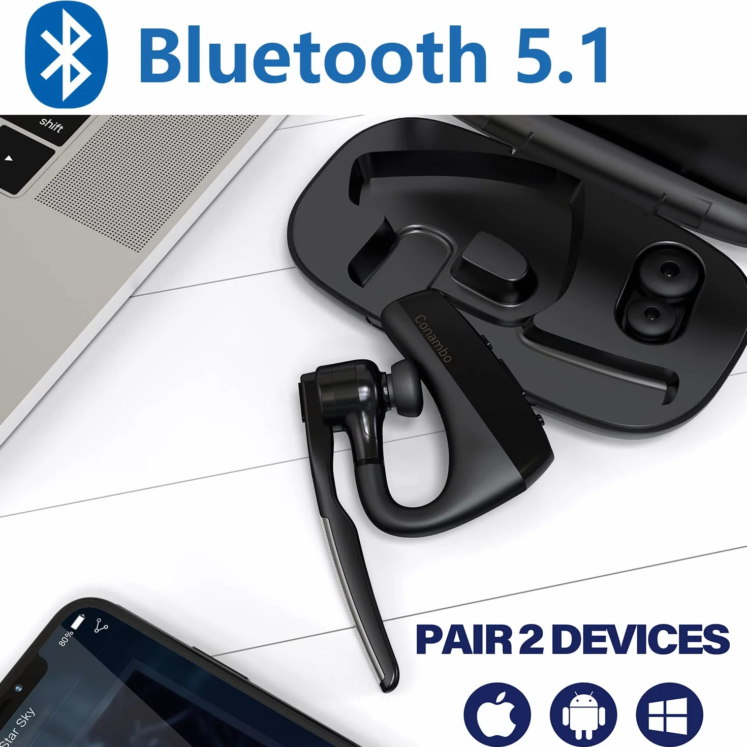 Oreillette Bluetooth V5.1,oreillette Bluetooth antibruit CVC8.0 Double Micro Mains Libres Confortable écouteur 240 Heures en Veille pour Samsung iPhone Affaires/entraînement/Conduite