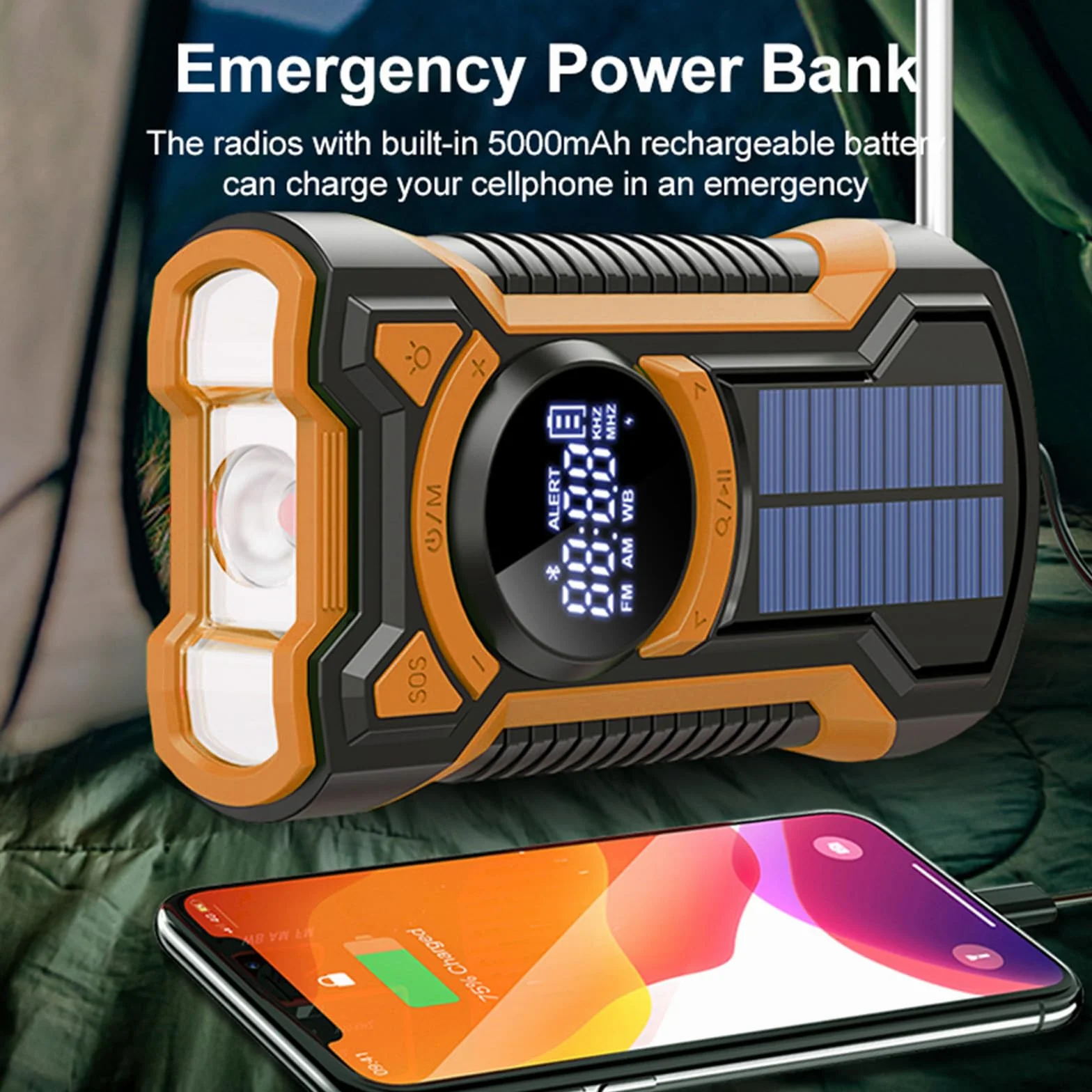Rechargeable Portable Radio Dynamo avec Lampe de Poche LED, Power Bank 5000mAh AM/FM Radio Manivelle Solaire, SOS Alarm/Lampe Poch/3W Haut-parleurs, Outdoor, Emergency