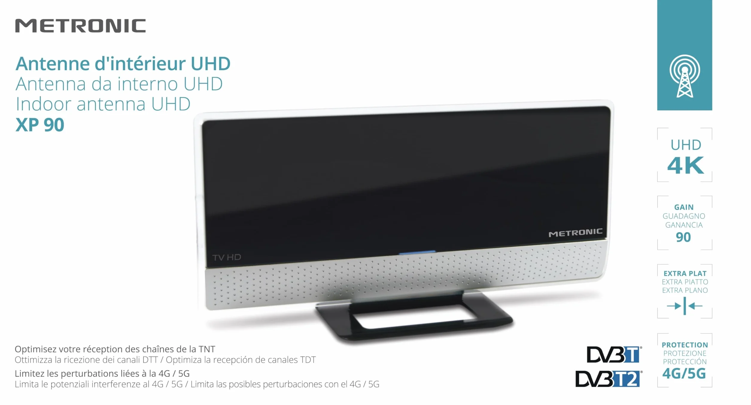 METRONIC 416807 Antenne TV Intérieur Puissante Amplifiée et Extra Plate Compatible 4K UHD - Réception TNT Haute Définition - Noir