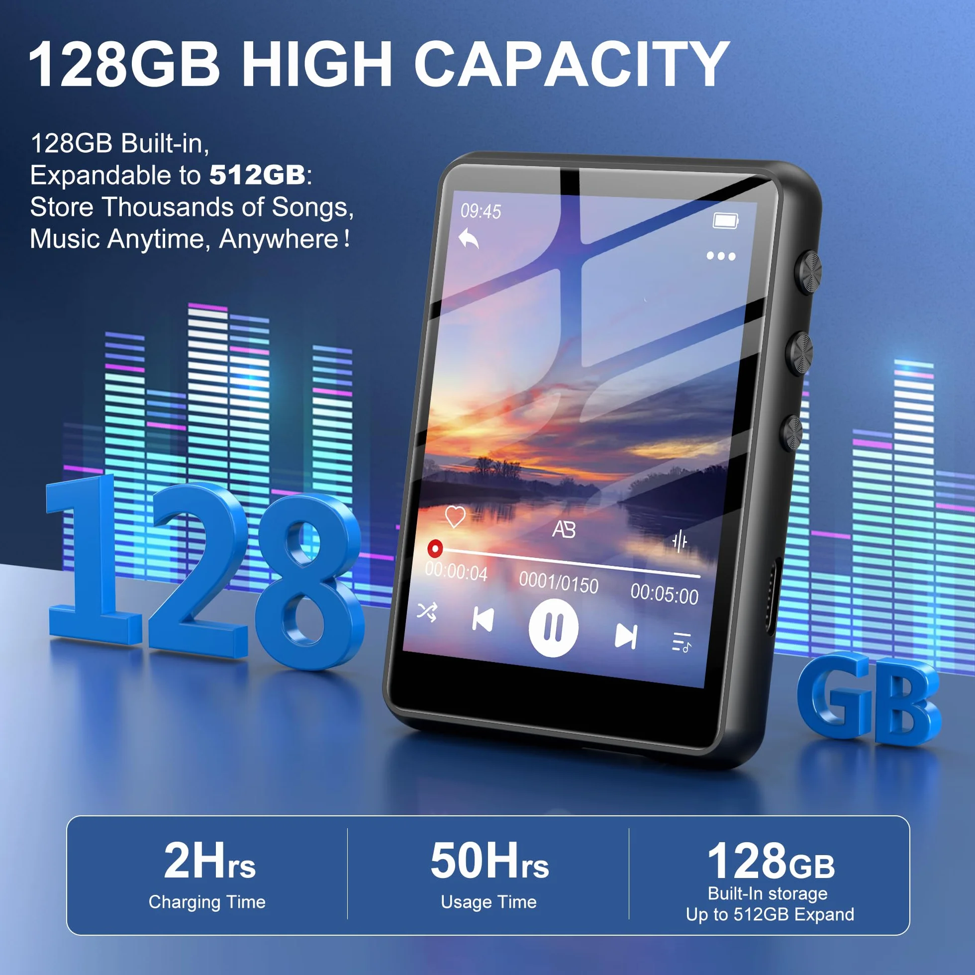 SWOFY Lecteur MP3 Bluetooth 5.3 128Go Écran Tactile 2,4 Pouces Mini Lecteur de Musique Noir