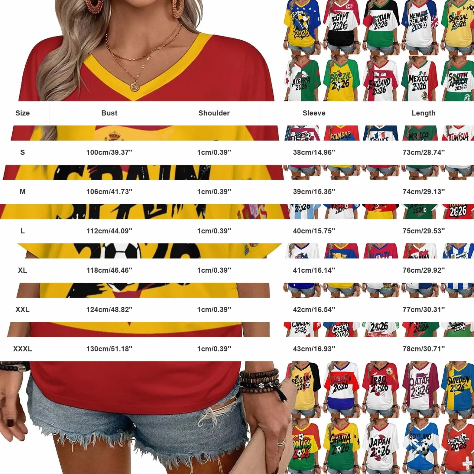 T Shirt Personnalisé Femme Fan Foot Coupe du Monde Oversize Col V Imprimé Drapeau National Maillot Manches Courtes 2026