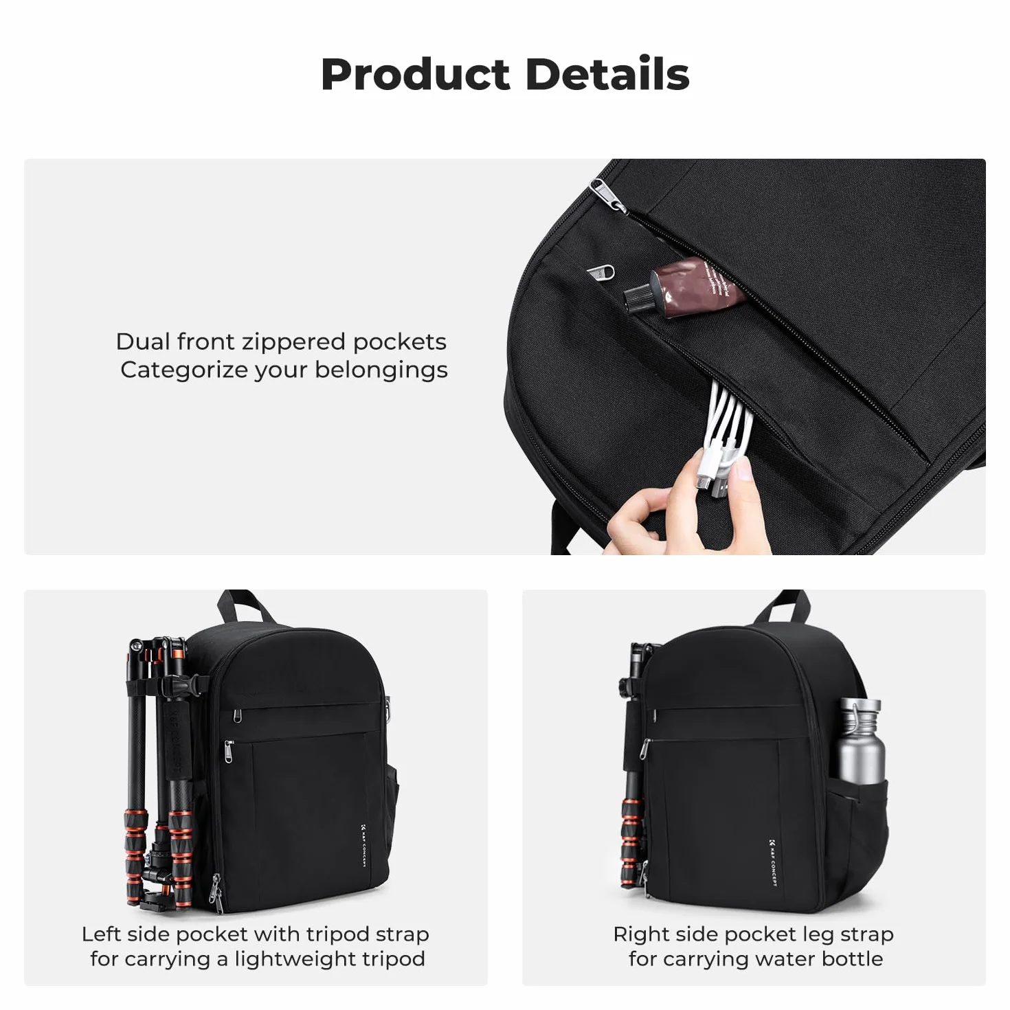 K&F CONCEPT Sac à Dos pour Appareil Photo Compact, sac photo avec housse de pluie, compartiment pour ordinateur portable, Sacoche pour reflex trépieds objectifs