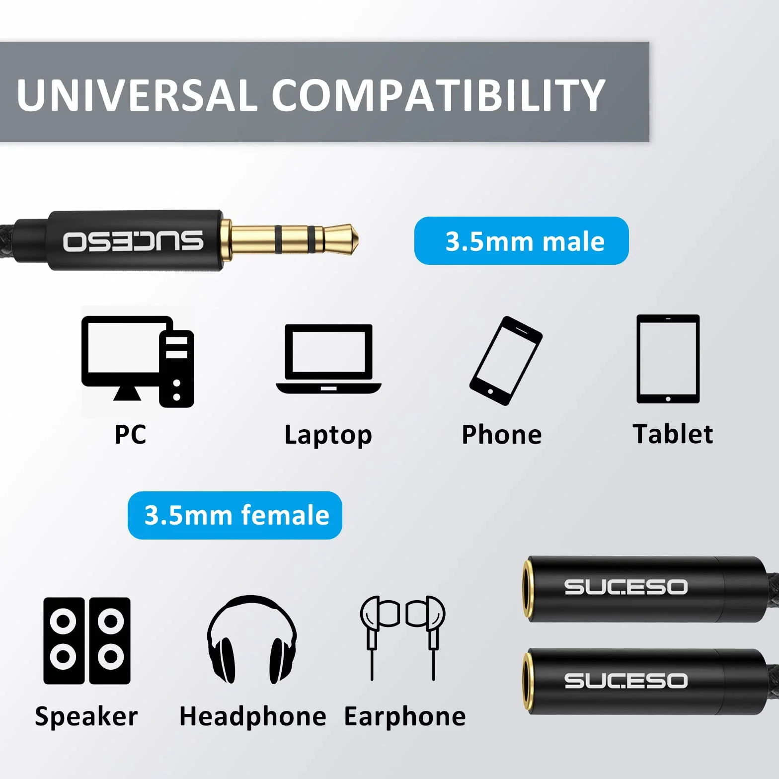 Splitter Audio Jack Double Jack 3.5mm Mâle vers 2 Femelle Câble Audio Splitter Stéréo Compatible pour Casques Audio, Enceintes, Smartphones,Tablettes,Lecteurs,PS4,MP3,Phone, Samsung- 35cm(Noir)