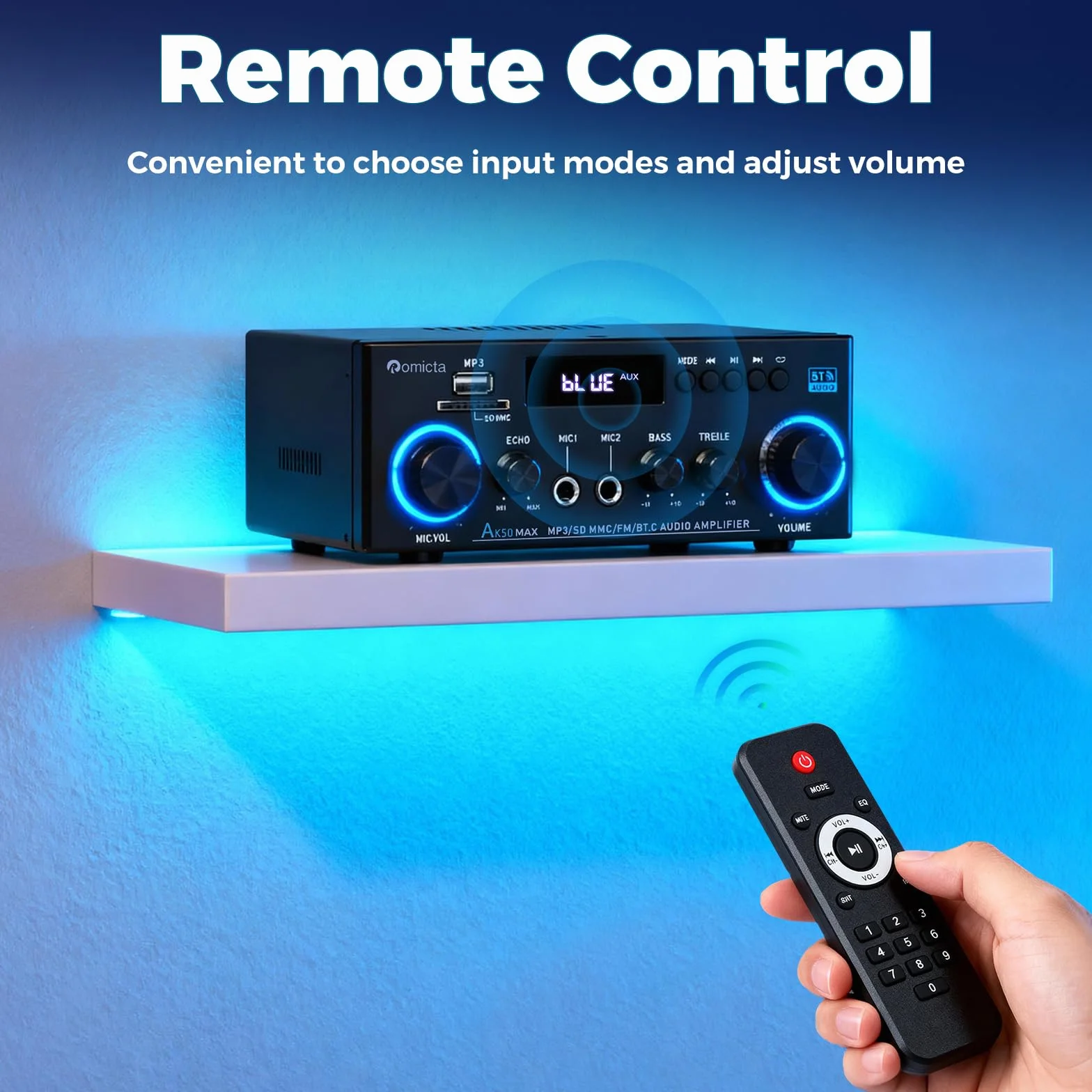 Romicta Amplificateur Audio Stéréo 800W, Bluetooth 5.0 | Radio FM, Lecteur USB/SD, Entrée AUX, 2 Micros avec Echo | Télécommande pour Home Cinéma et Maison