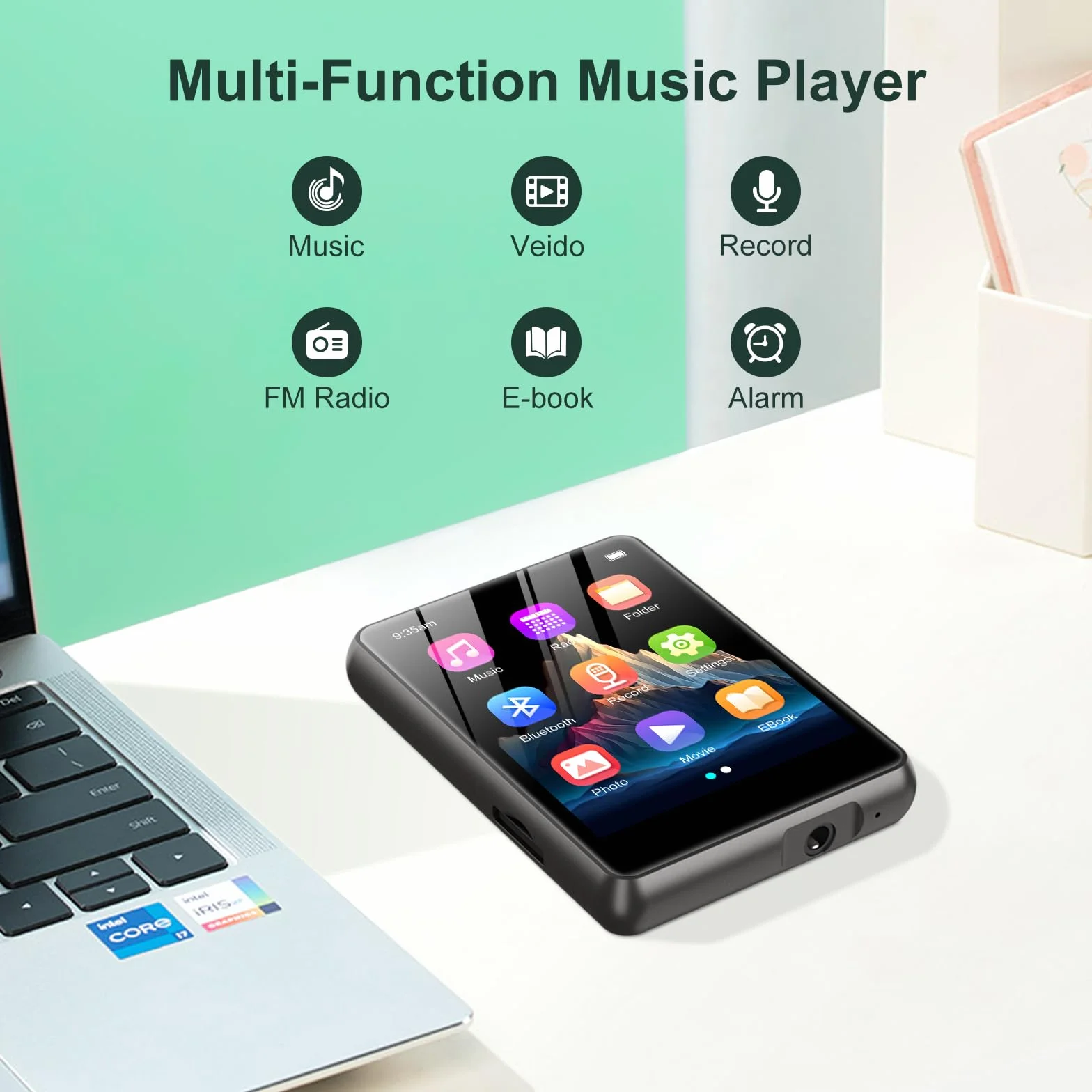Lecteur MP3 128GB Bluetooth 5.3 ZAQE 2.4" Plein écran Tactile Portable Radio FM Enregistrement HiFi Noir