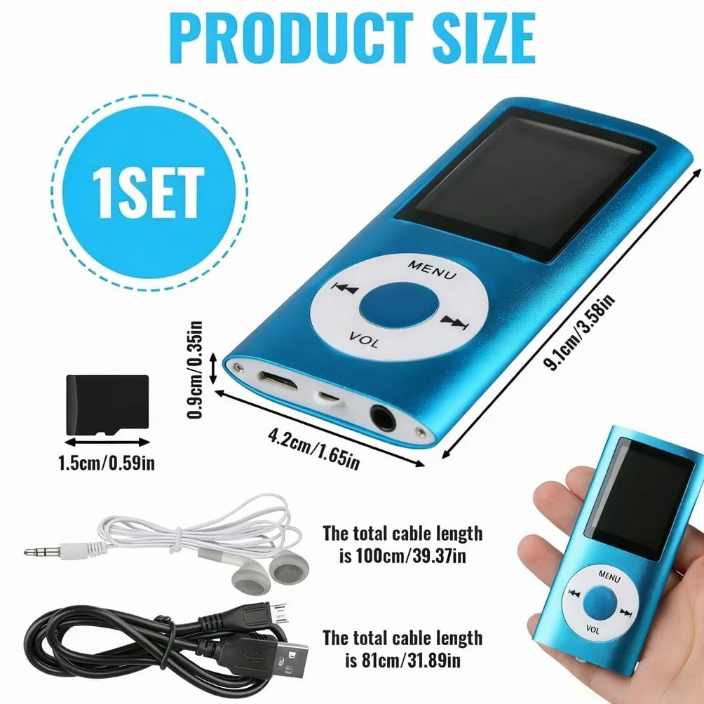 Lecteur de Musique HiFi Portable sans Perte MP3/MP4 avec 1.8 Pouces Écran LCD et Lecteur de Carte Mémoire, 32GB, Bleu