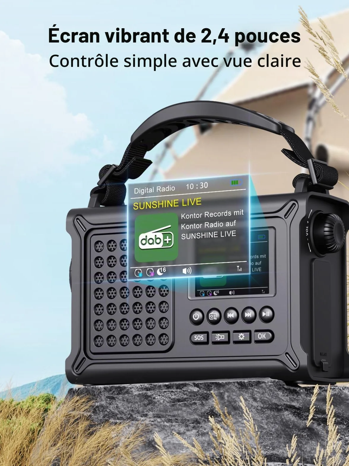 ROCAM Radio d'urgence Dab+/FM avec Bluetooth, Radio Numérique Portable 12000mAh avec Panneau Solaire 8500mm² & Manivelle 650mA, Écran Couleur 2,4", 80 Stations, SOS, Lampe LED, USB, IPX6 pour Camping