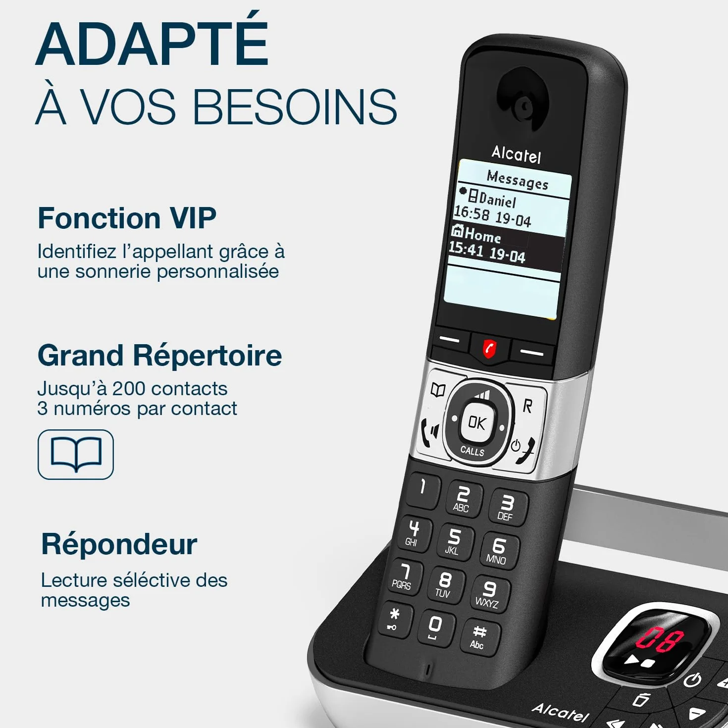 ALCATEL F890 Voice - Téléphone Fixe Sans Fil DECT Avec Répondeur - Écran Graphique Haute Résolution - Mains Libres - Blocage Des Appels - Sonnerie VIP - Répondeur 50 Min - Noir/Gris