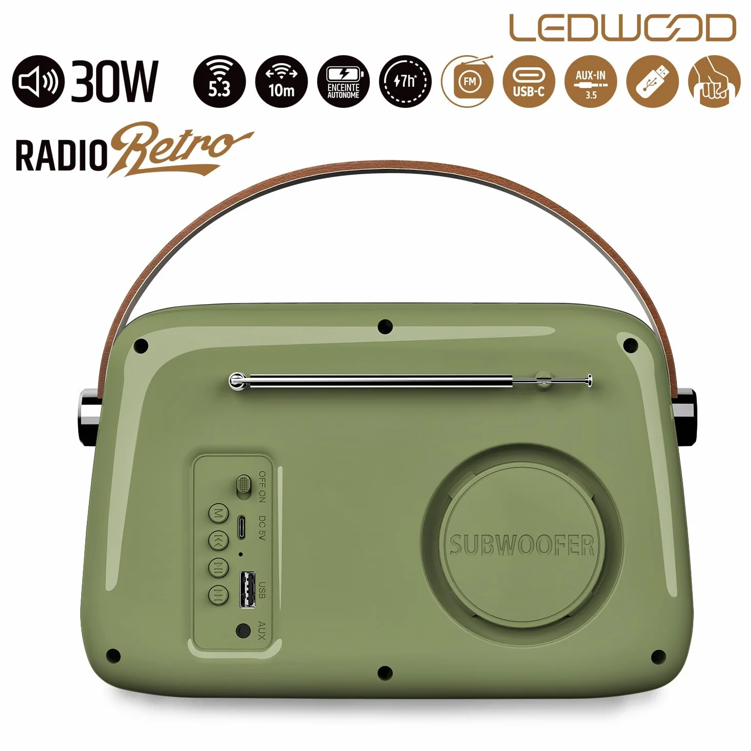 Radio Rétro Portable Ledwood Alma, FM, Bluetooth Entrée USB, Puissance 30W - Batterie 3,7V-1500mAh - Retro Vintage - Vert Olive